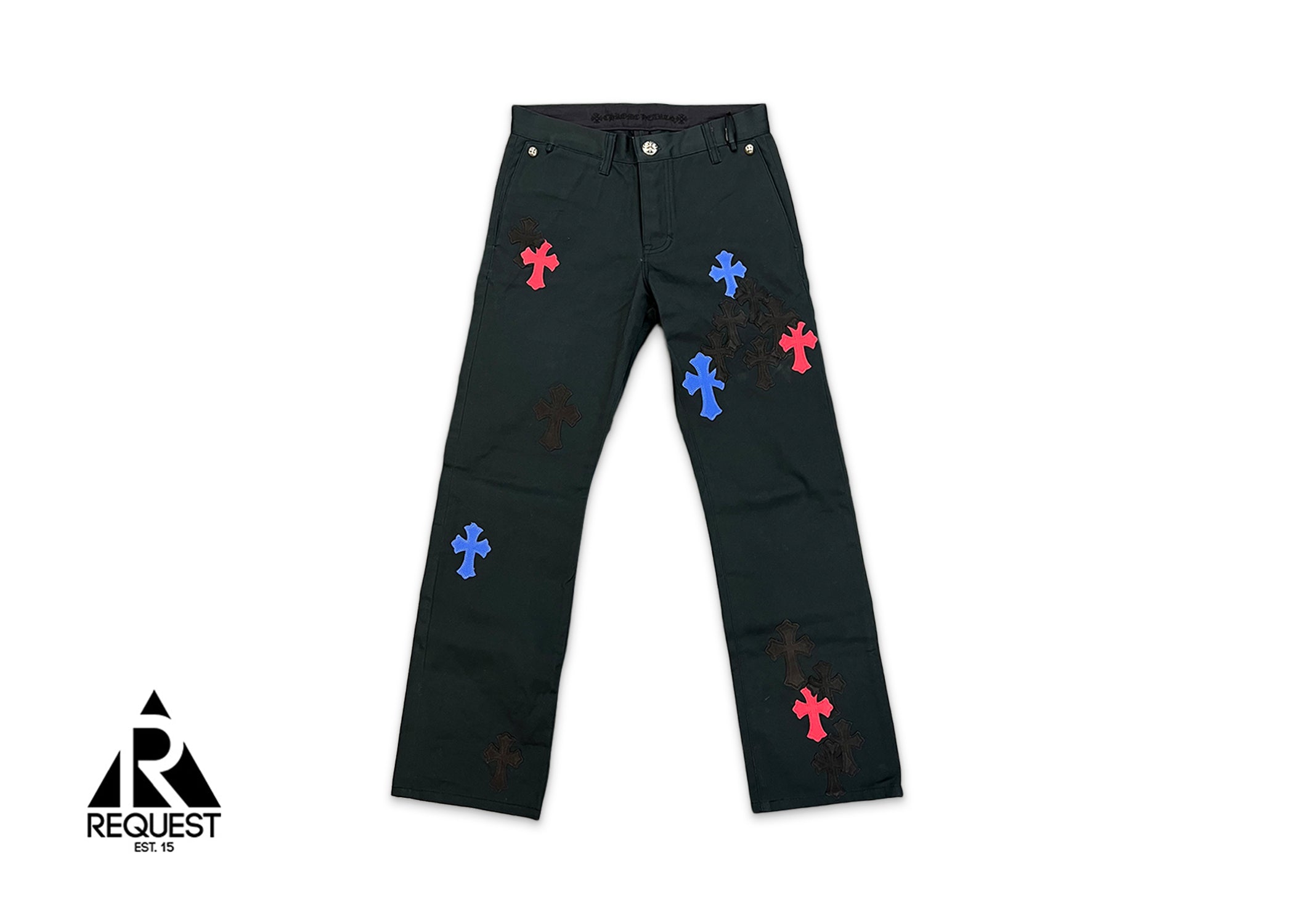 Chrome Hearts Black Chino Pants "Blue Red Black Crosses"