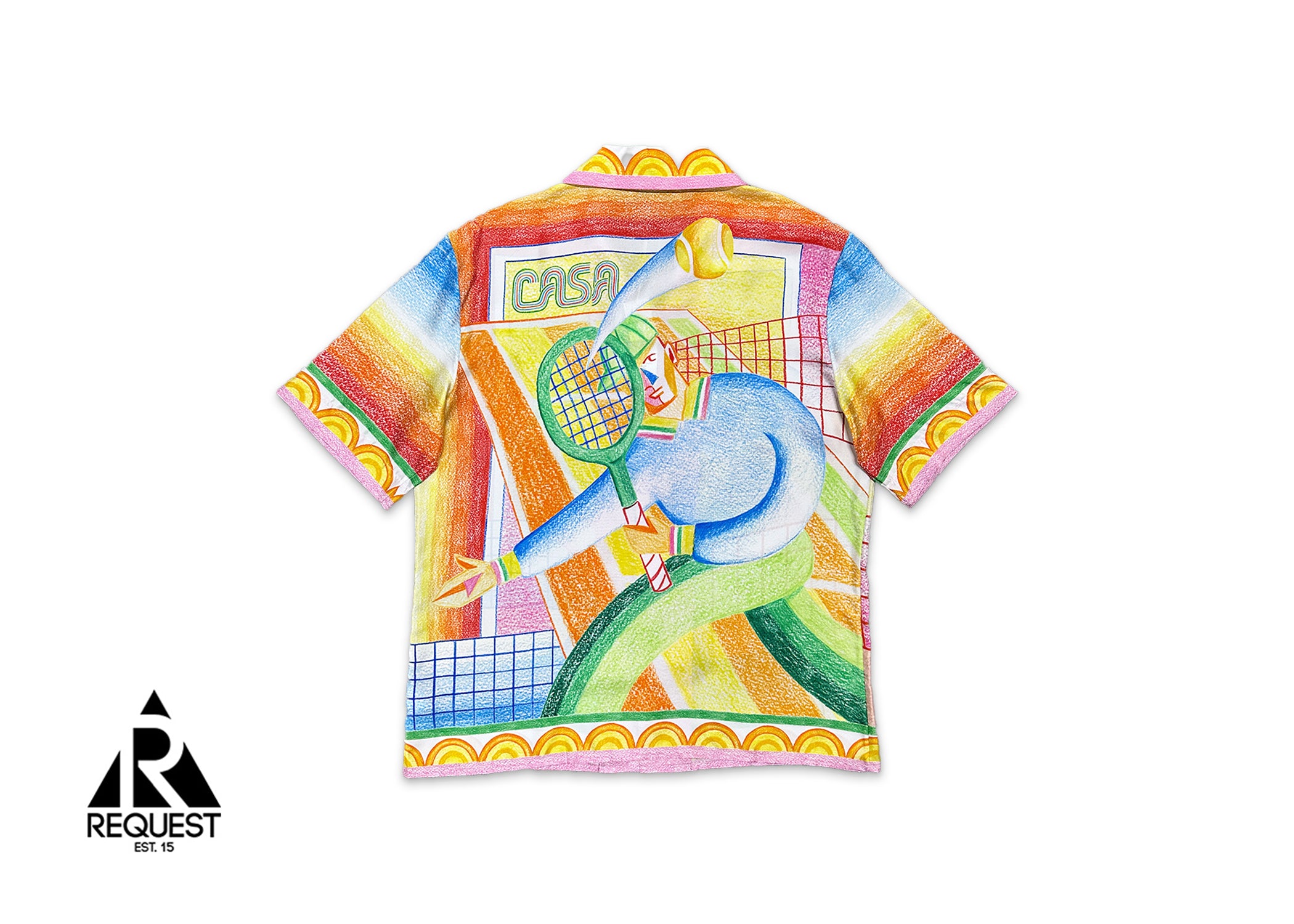 Casablanca, Silk Twill Cuban Collar S/S Button Up "Crayon Tennis Player"