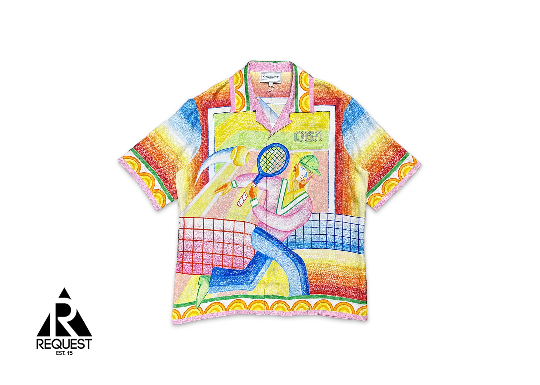 Casablanca, Silk Twill Cuban Collar S/S Button Up "Crayon Tennis Player"