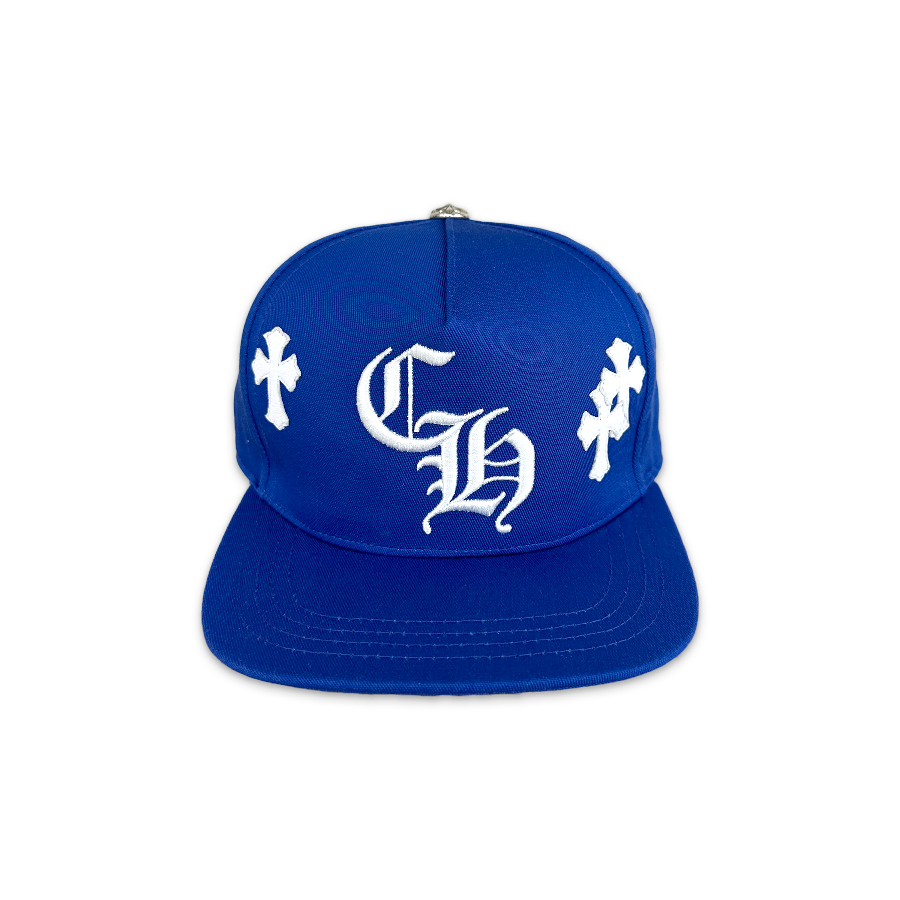Chrome Hearts, White Leather Crosses Baseball Snapback "Royal Blue"