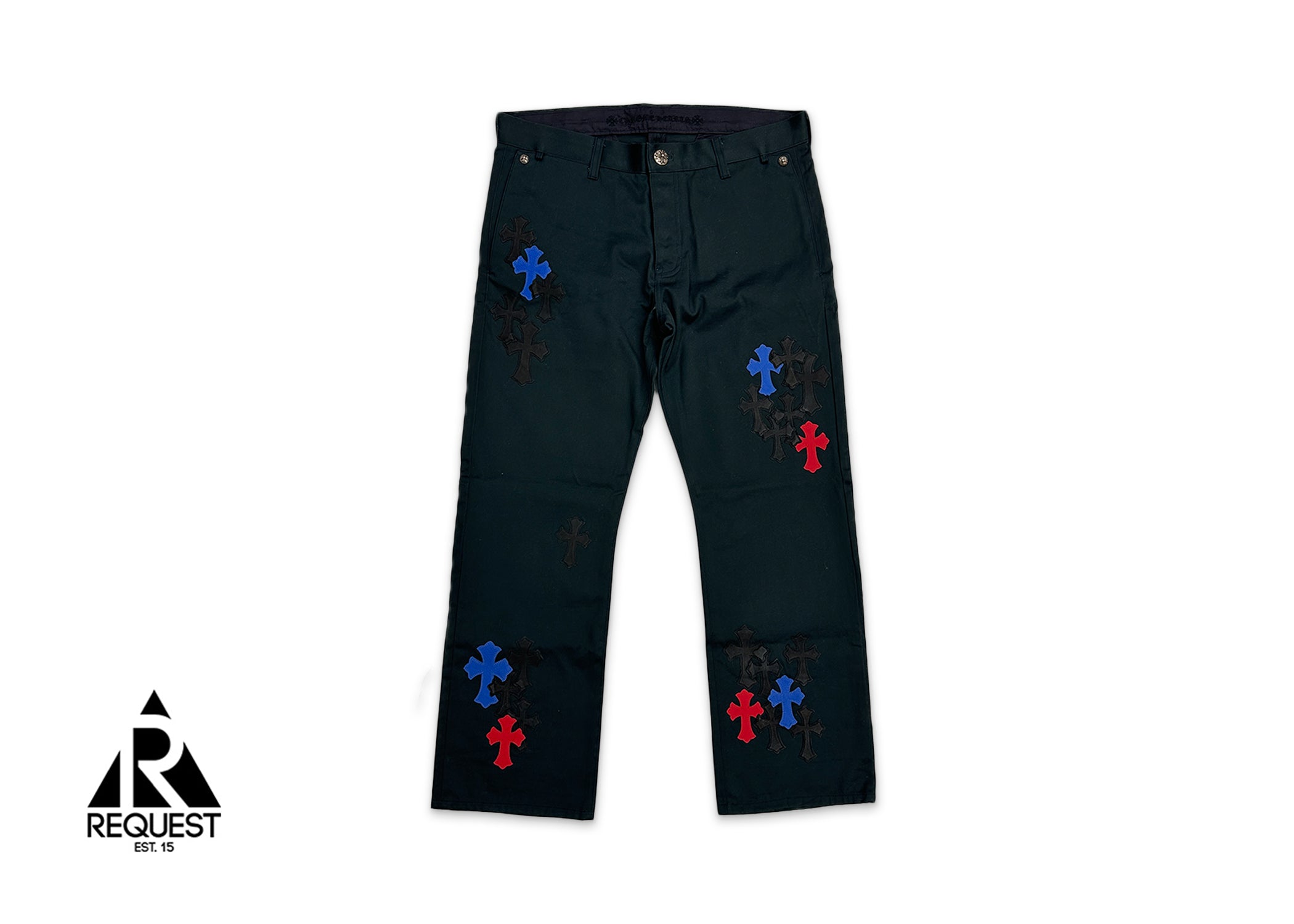 Chrome Hearts Black Chino Pants "Blue Red Black Crosses"