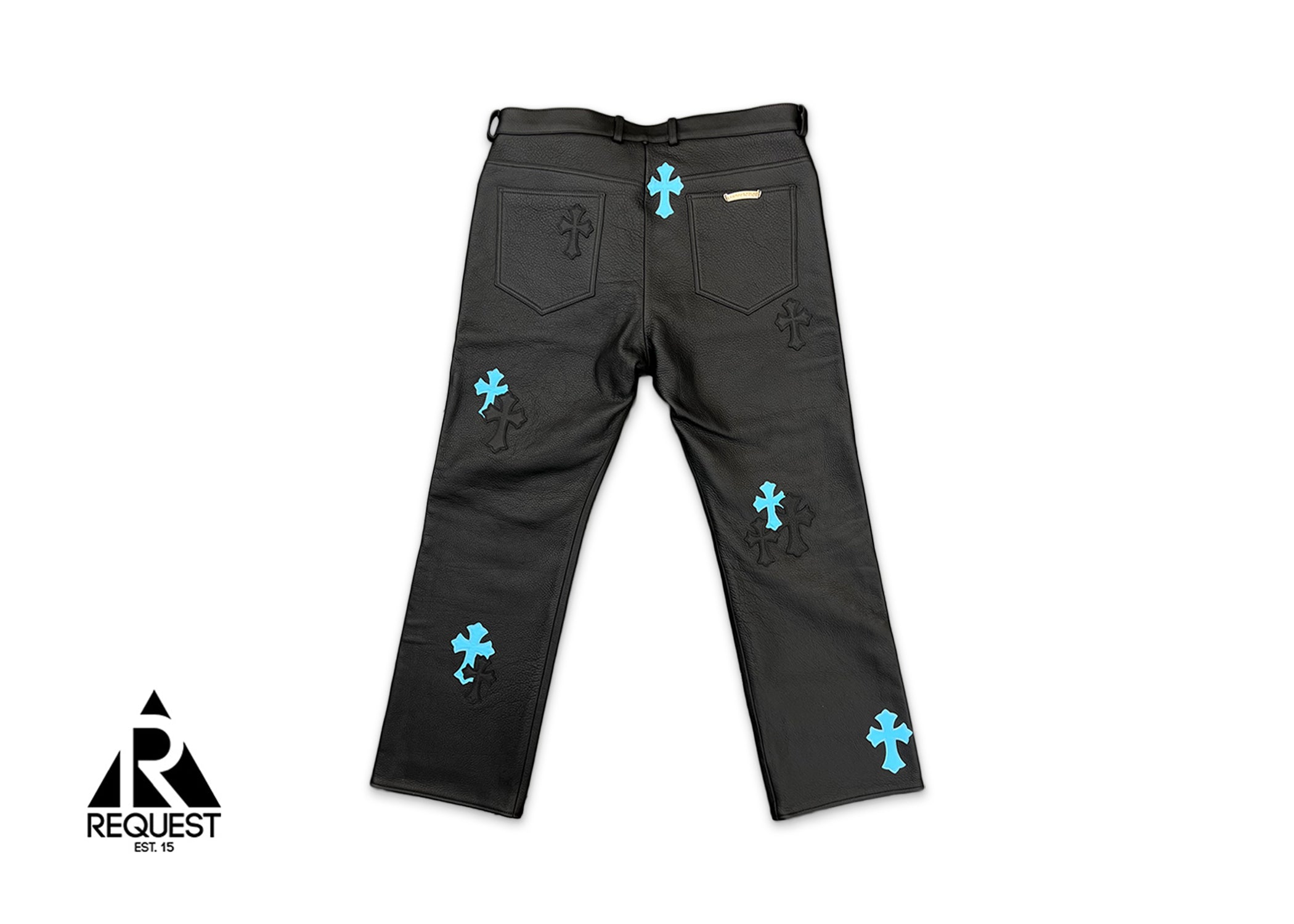 Chrome Hearts Black Leather Jeans "Black & Blue Crosses"
