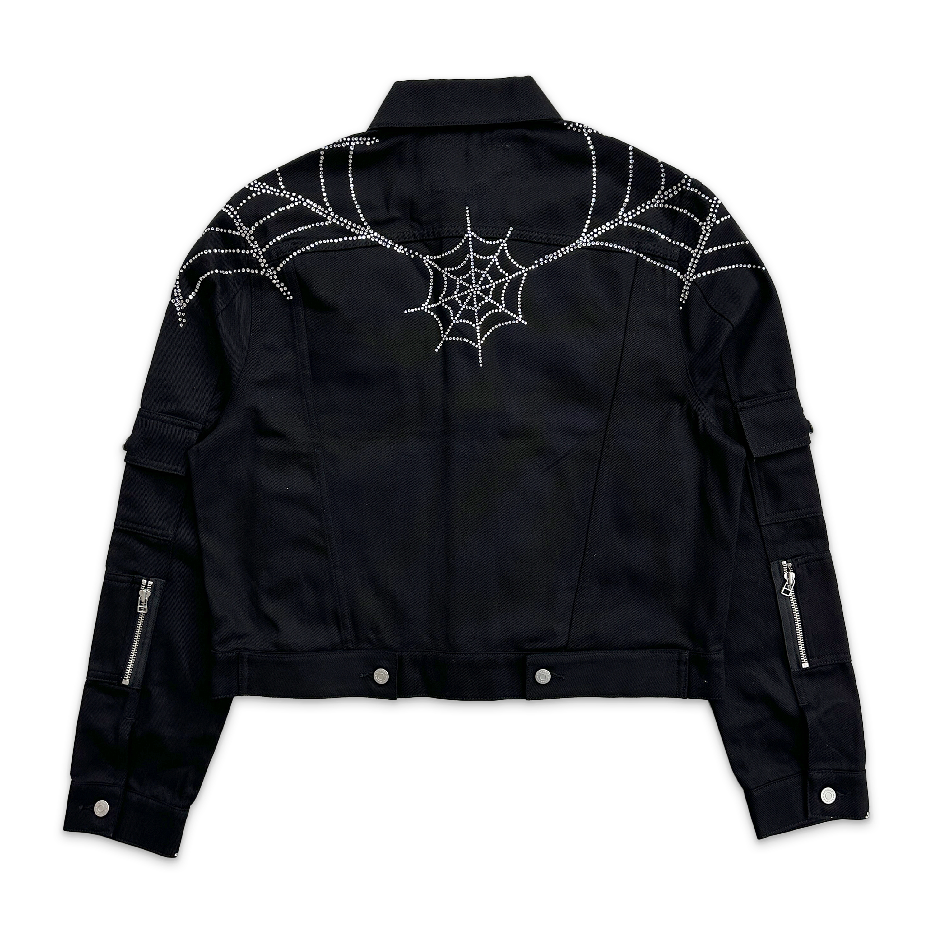 Sp5der, Crystal Web Denim Cropped Trucker Jacket "Black"