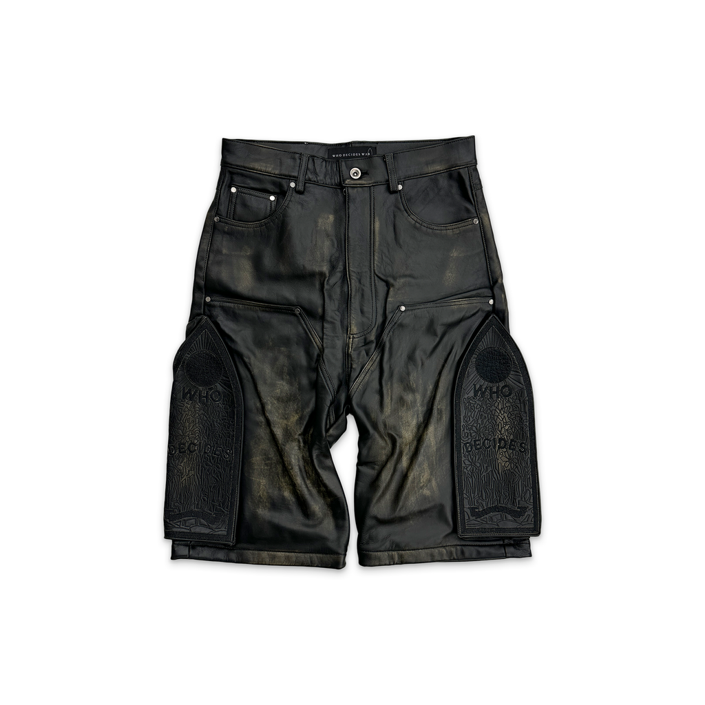 Side Embroidery Mid Length Leather Shorts 