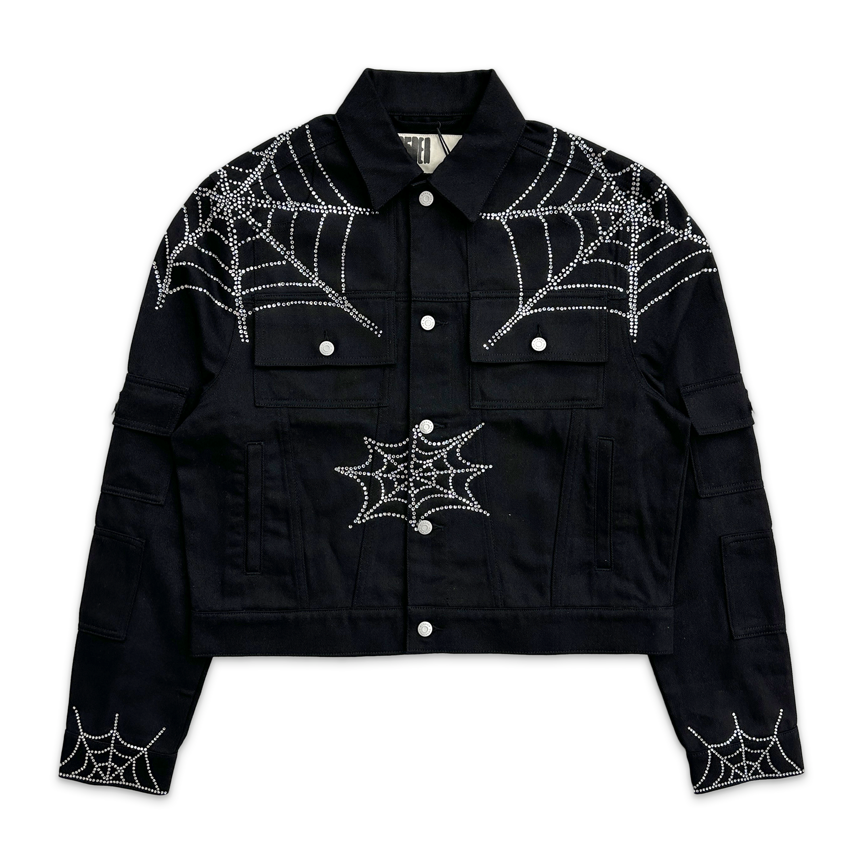 Sp5der, Crystal Web Denim Cropped Trucker Jacket "Black"