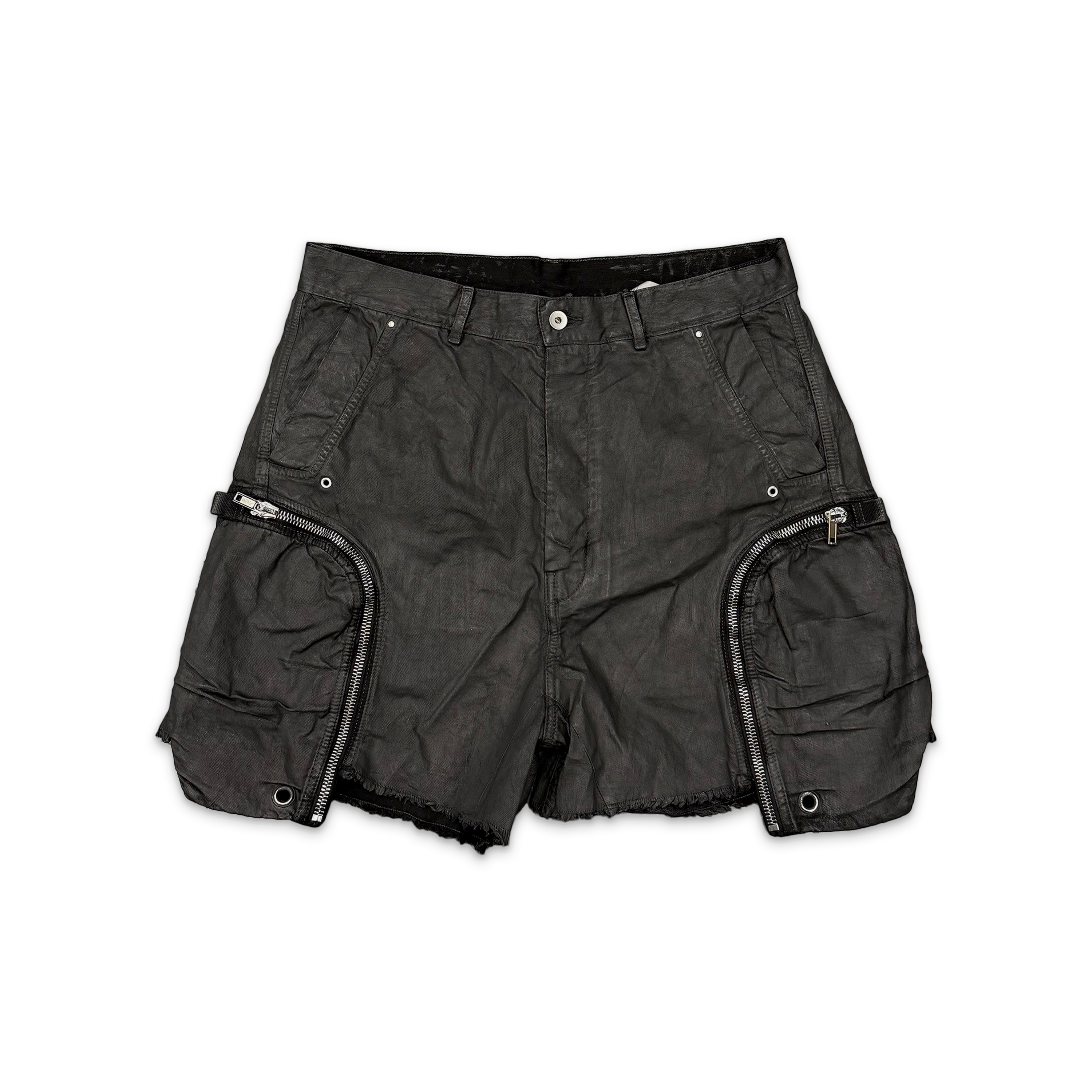 Rick Owens DRKSHDW, Bauhaus Frayed Shorts "Black Waxed"