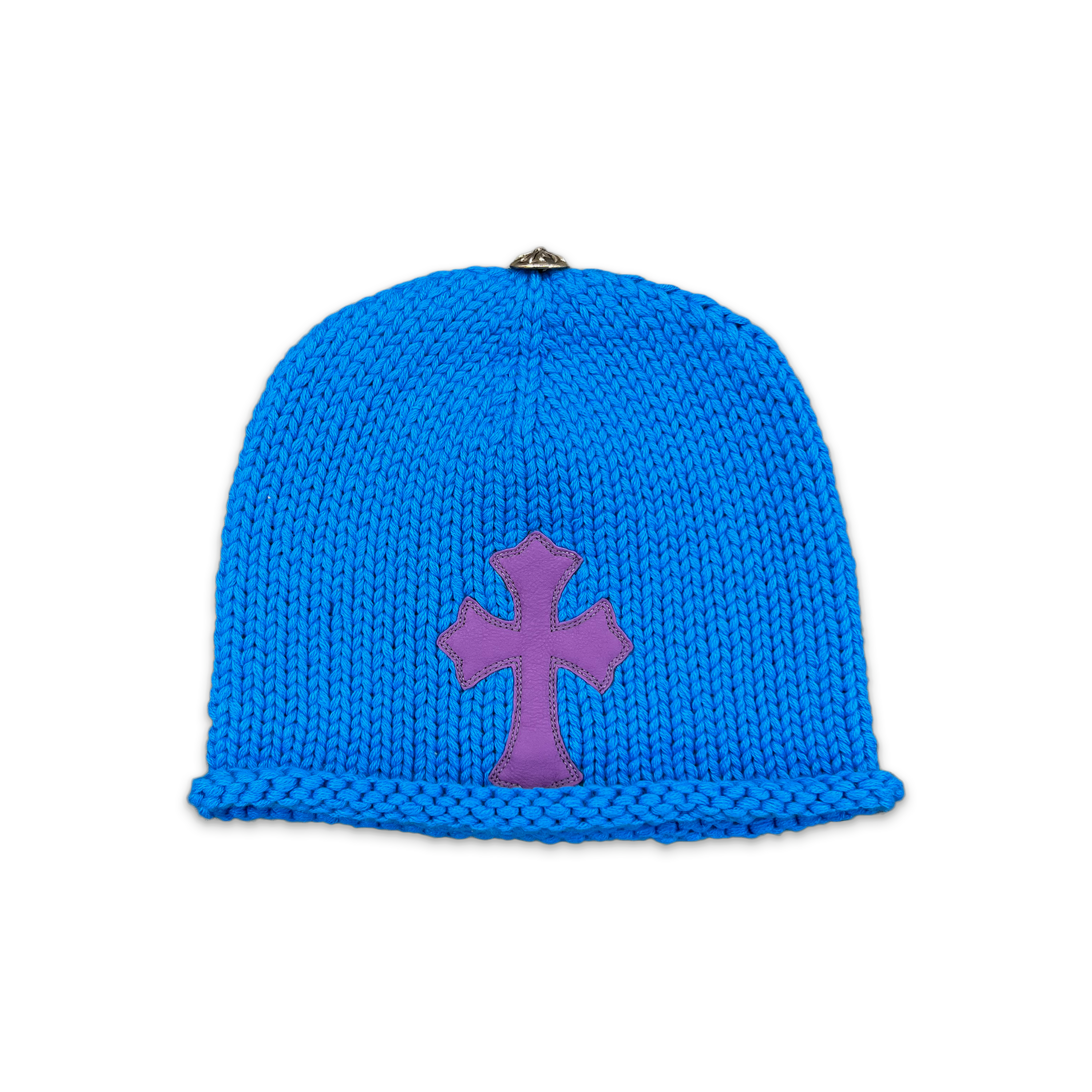 Knitted Purple Leather Cross Beanie "Blue"