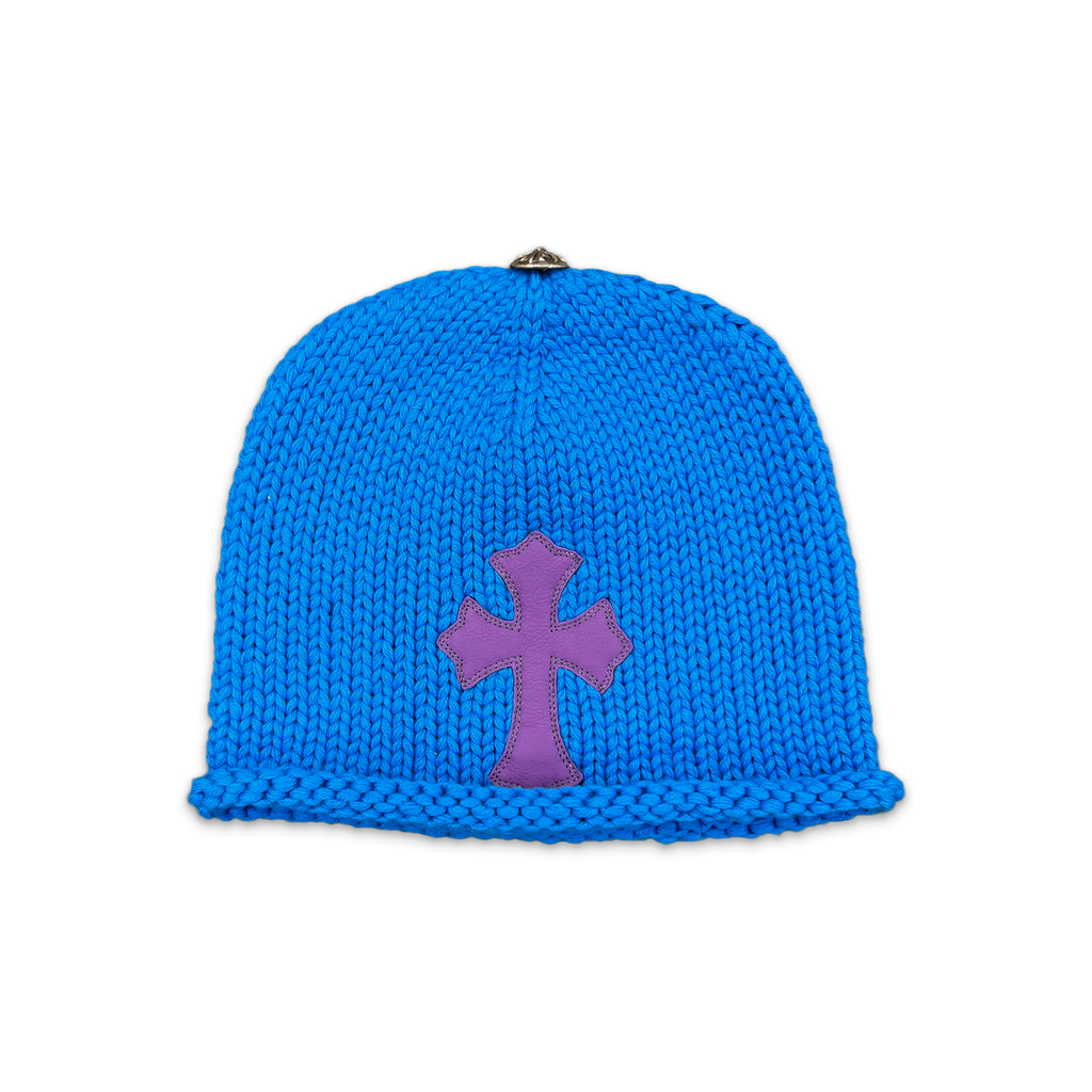 Knitted Purple Leather Cross Beanie 