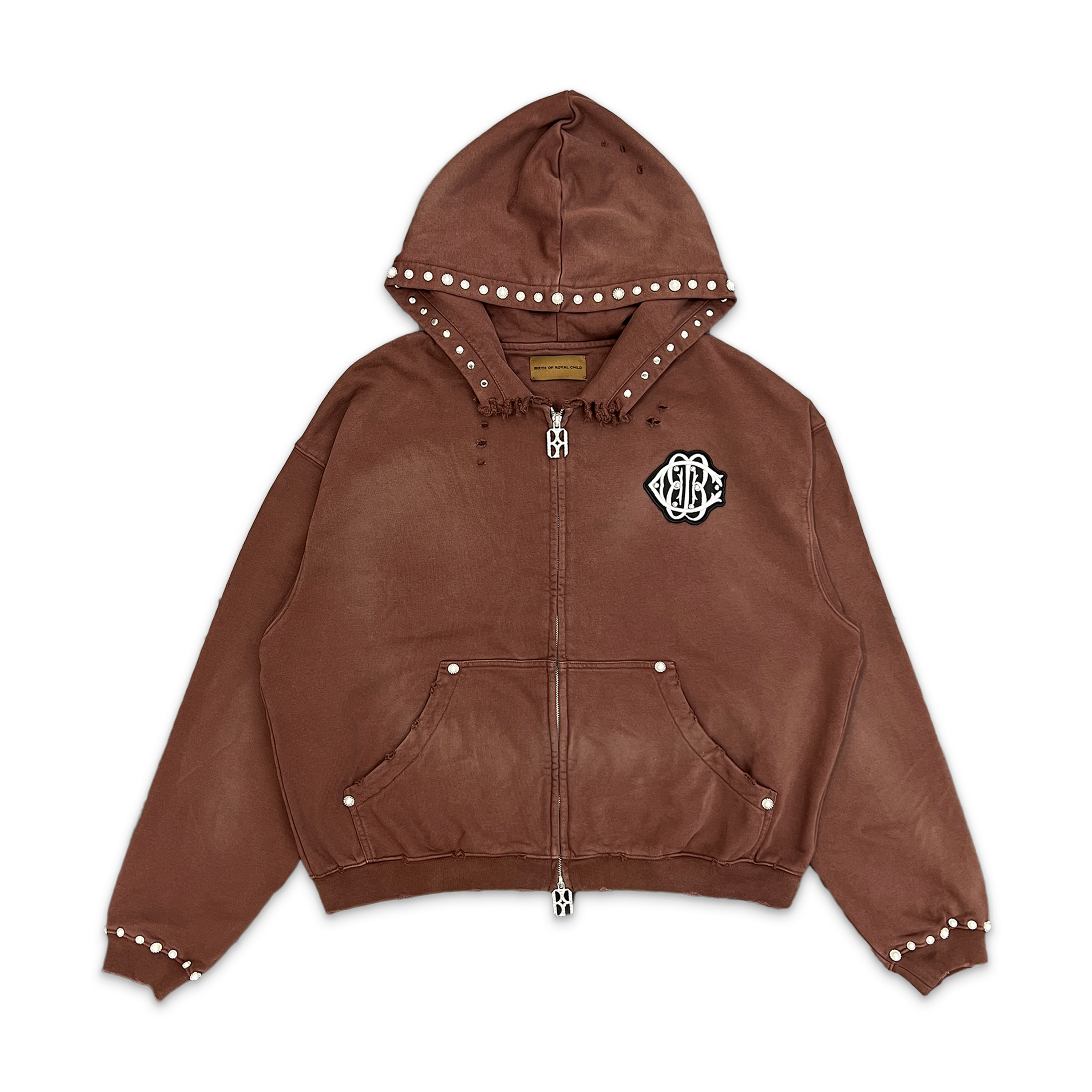 Birth of Royal Child, Studded Boxy Zip Hoodie "Brown"