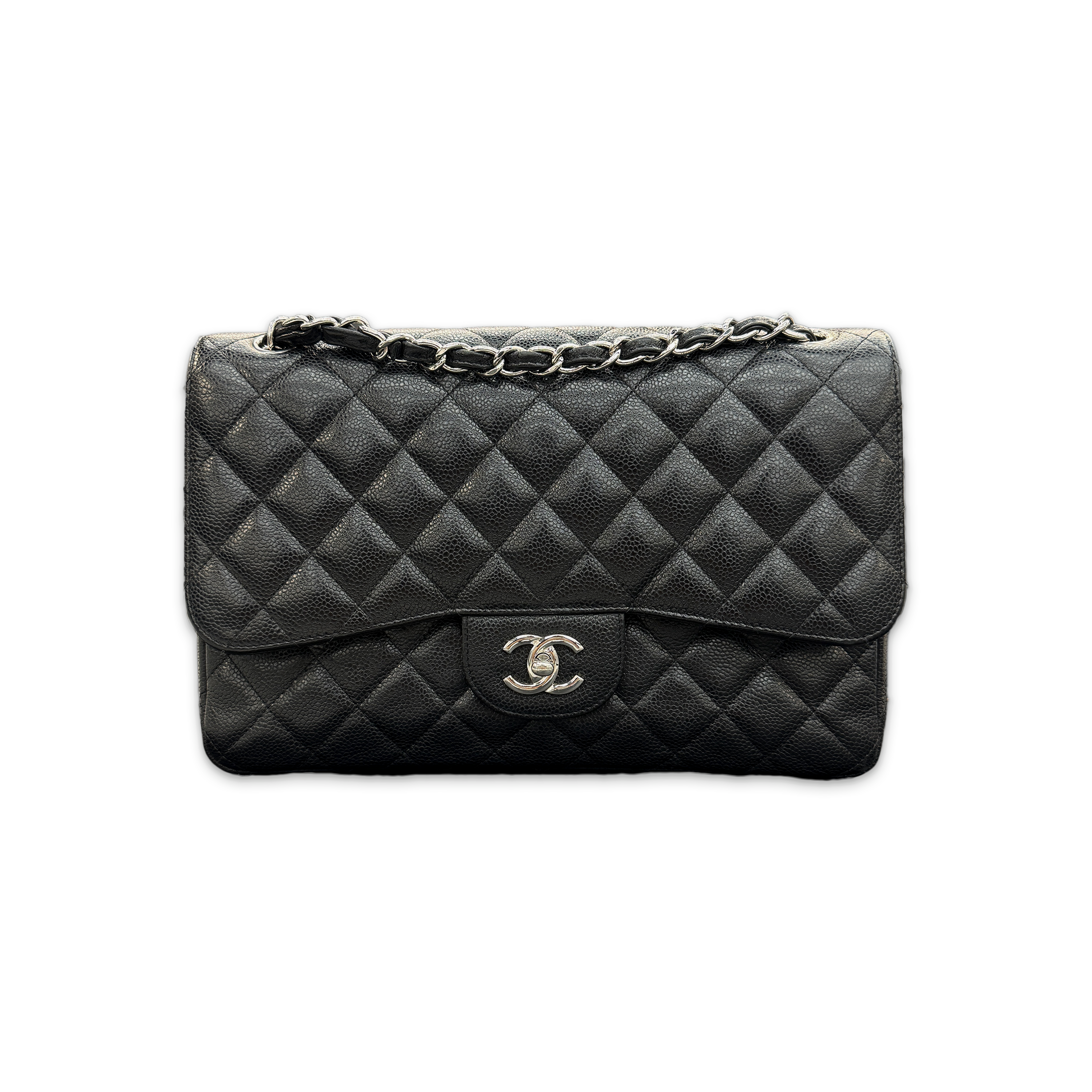 Chanel, Maxi Caviar Quilted Classic Double Flap Purse "Black"