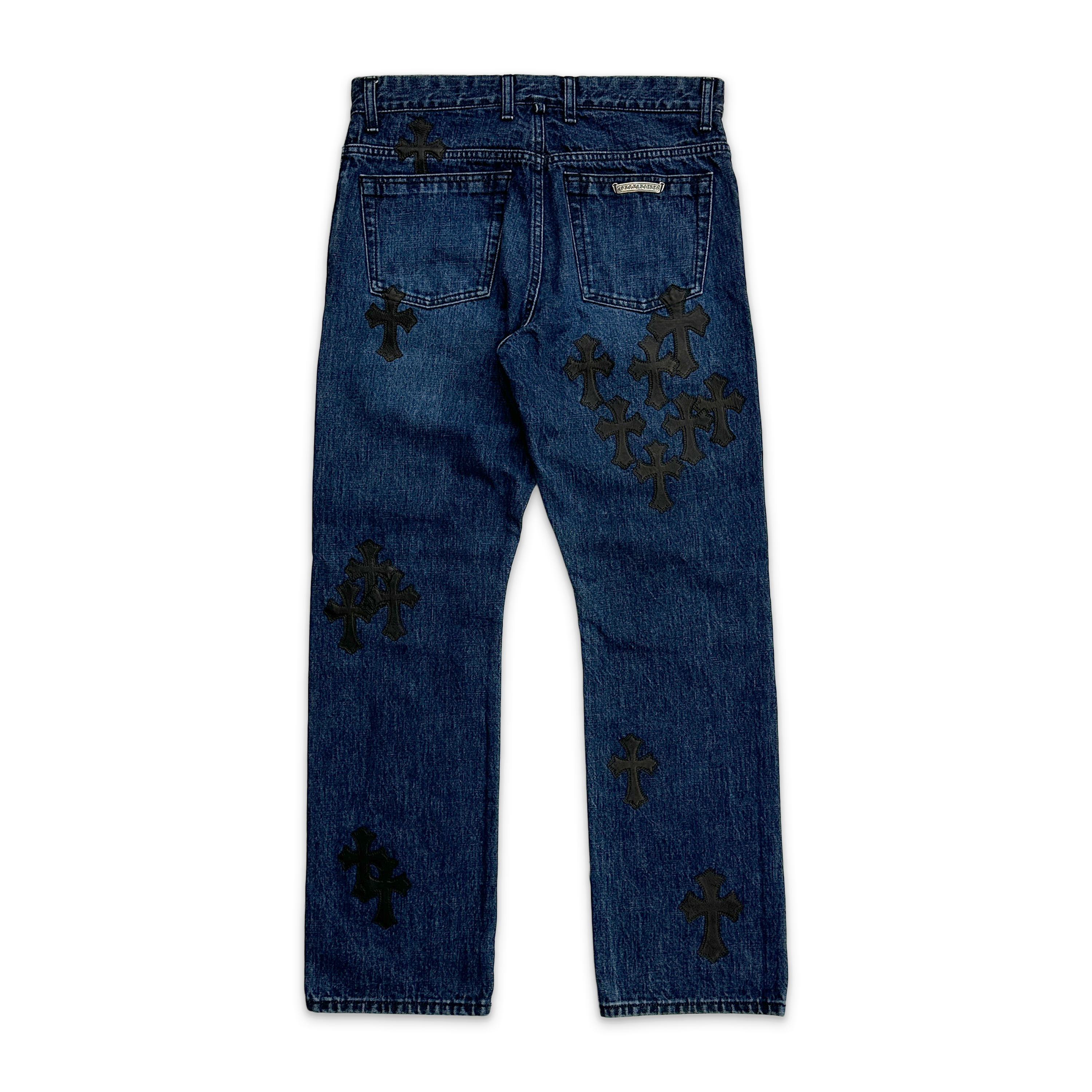Chrome Hearts, Turbo Diesel Black Crosses Leather Patches Fleur Denim Jeans "Raw Indigo"