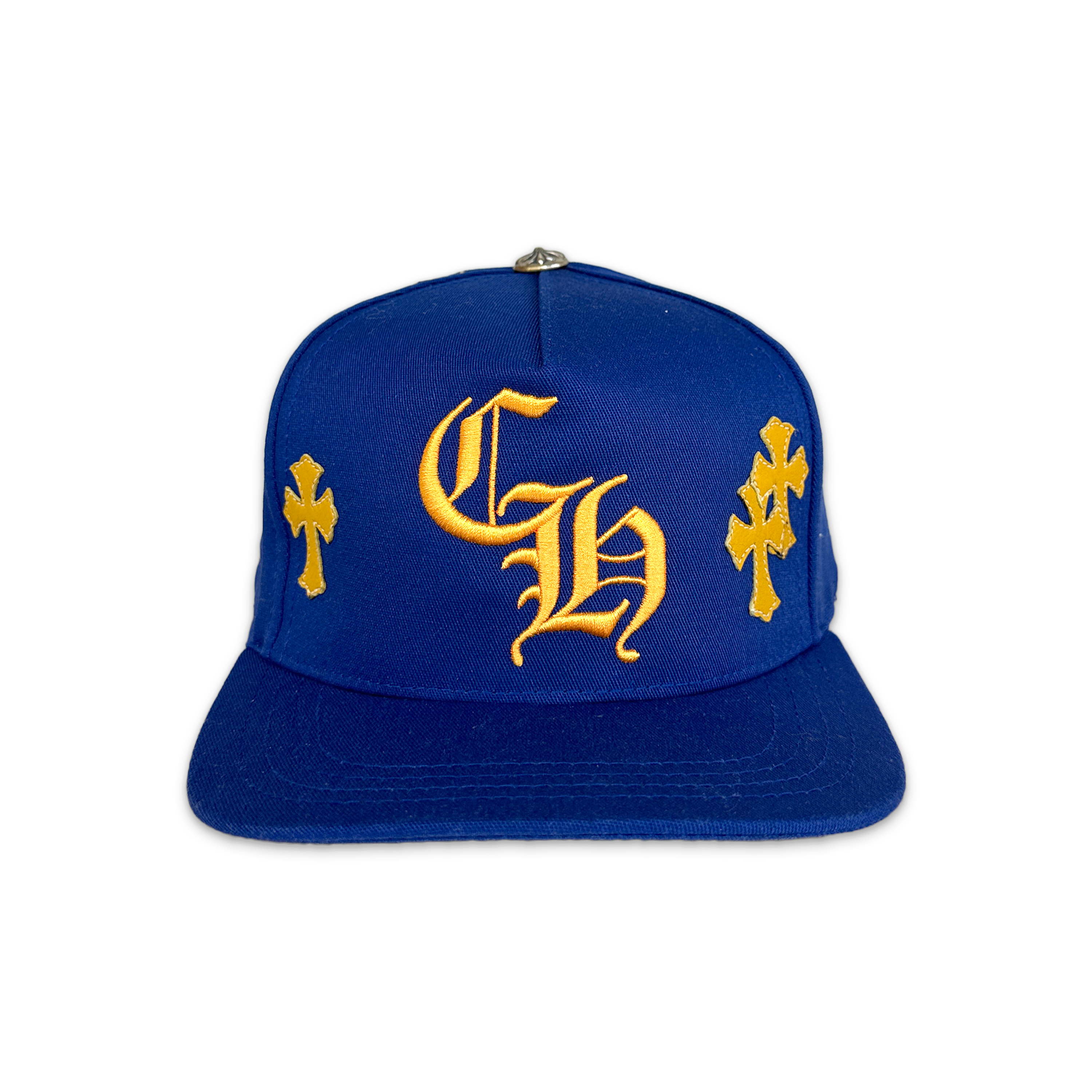 Chrome Hearts, Yellow Leather Crosses Snapback Hat "Blue"