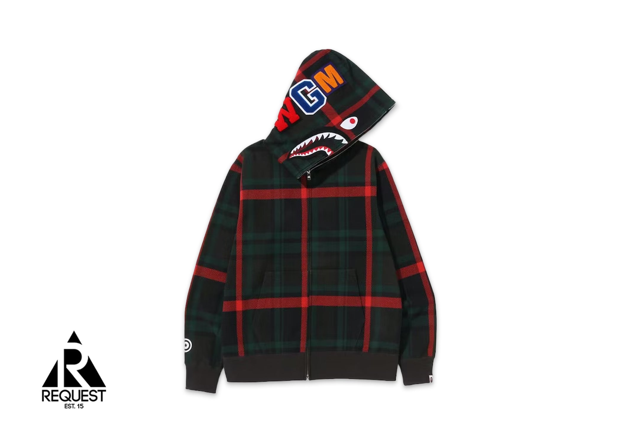 A Bathing Ape Bape Check Shark Full Zip Hoodie SS23 "Green"