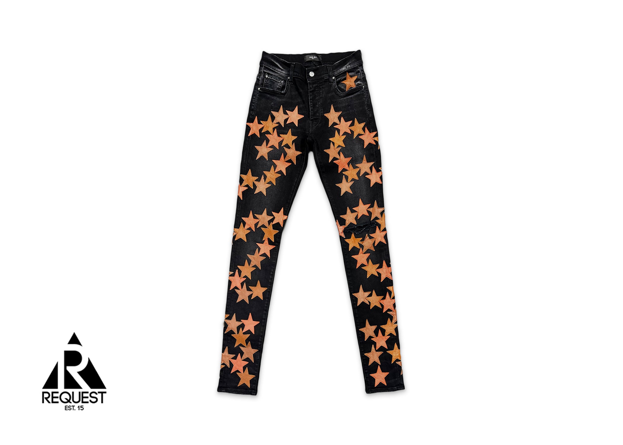 Amiri Orange Leather Star Applique Chemist Denim "Aged Black"