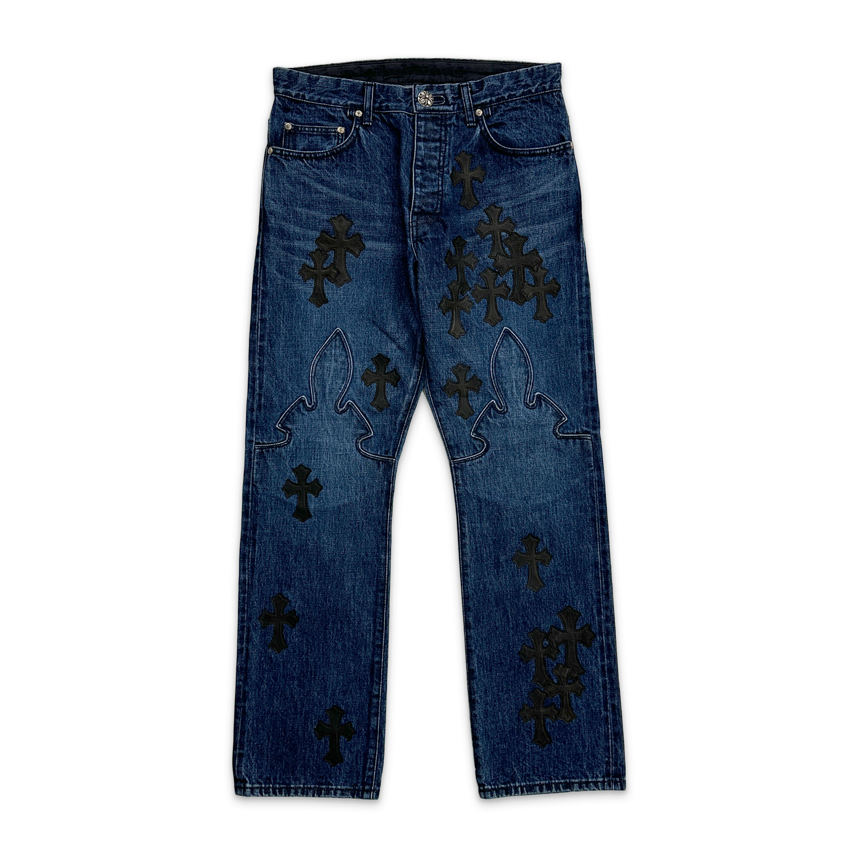 Chrome Hearts, Turbo Diesel Black Crosses Leather Patches Fleur Denim Jeans "Raw Indigo"