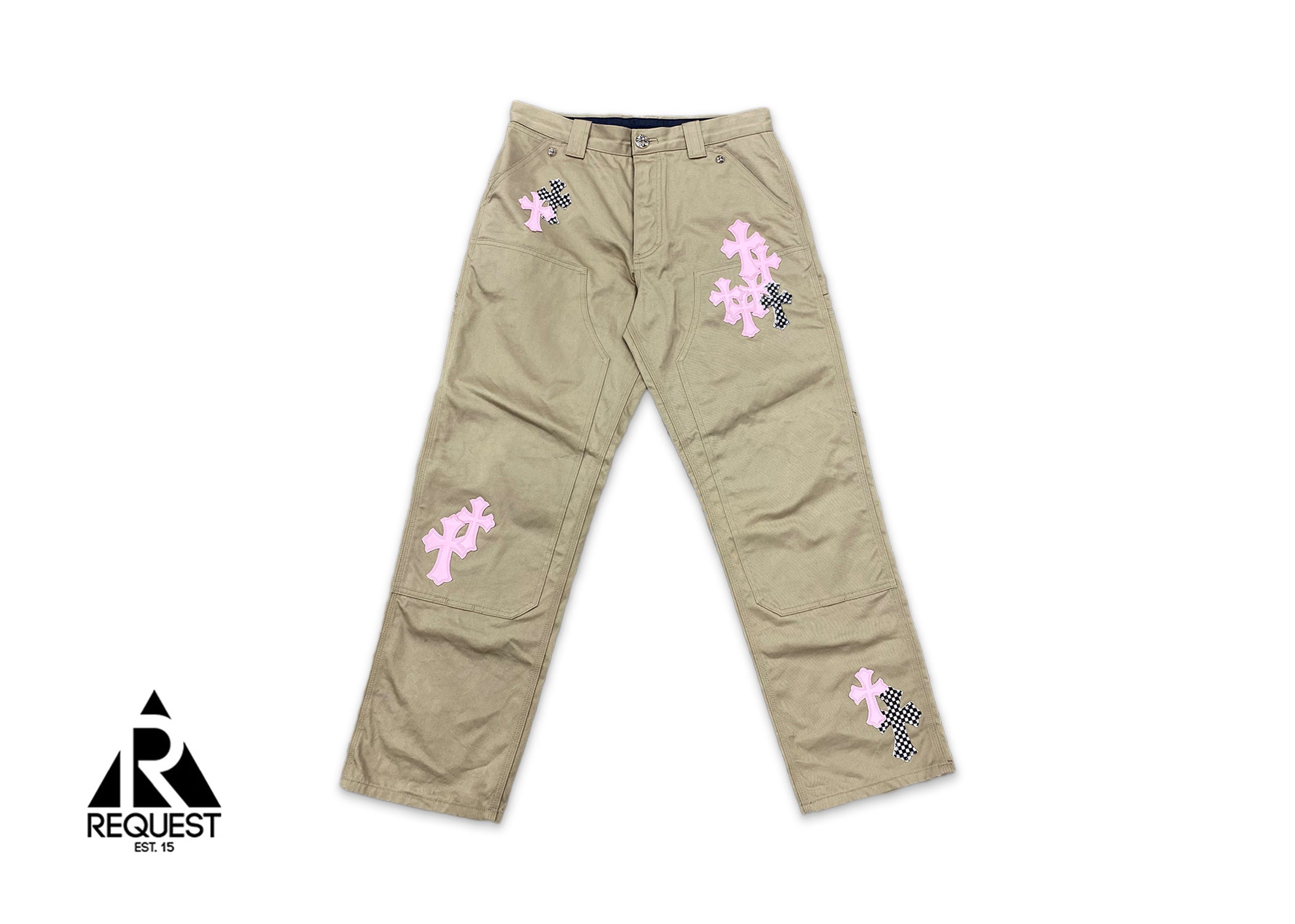 Chrome Hearts Tan Chino Carpenter Pants "Pink & Checkered Crosses"