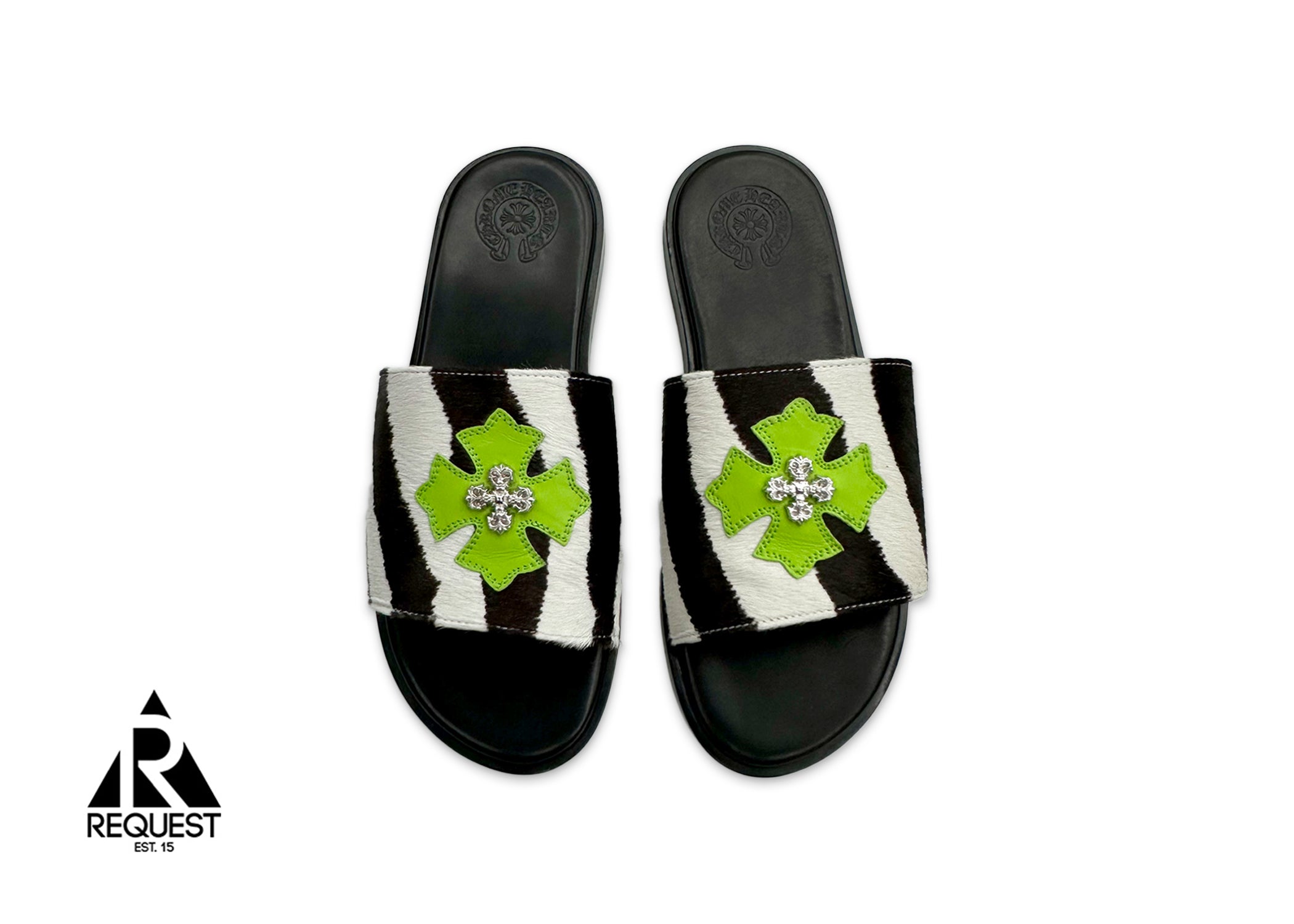 Chrome Hearts, Zebra Pony Hair Patch Slides "Green/Black"