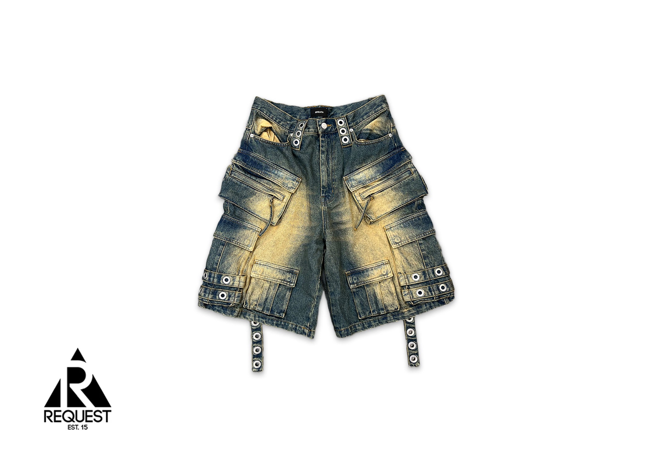BREATH, Fade Effect Denim Cargo Shorts "Faded Indigo"