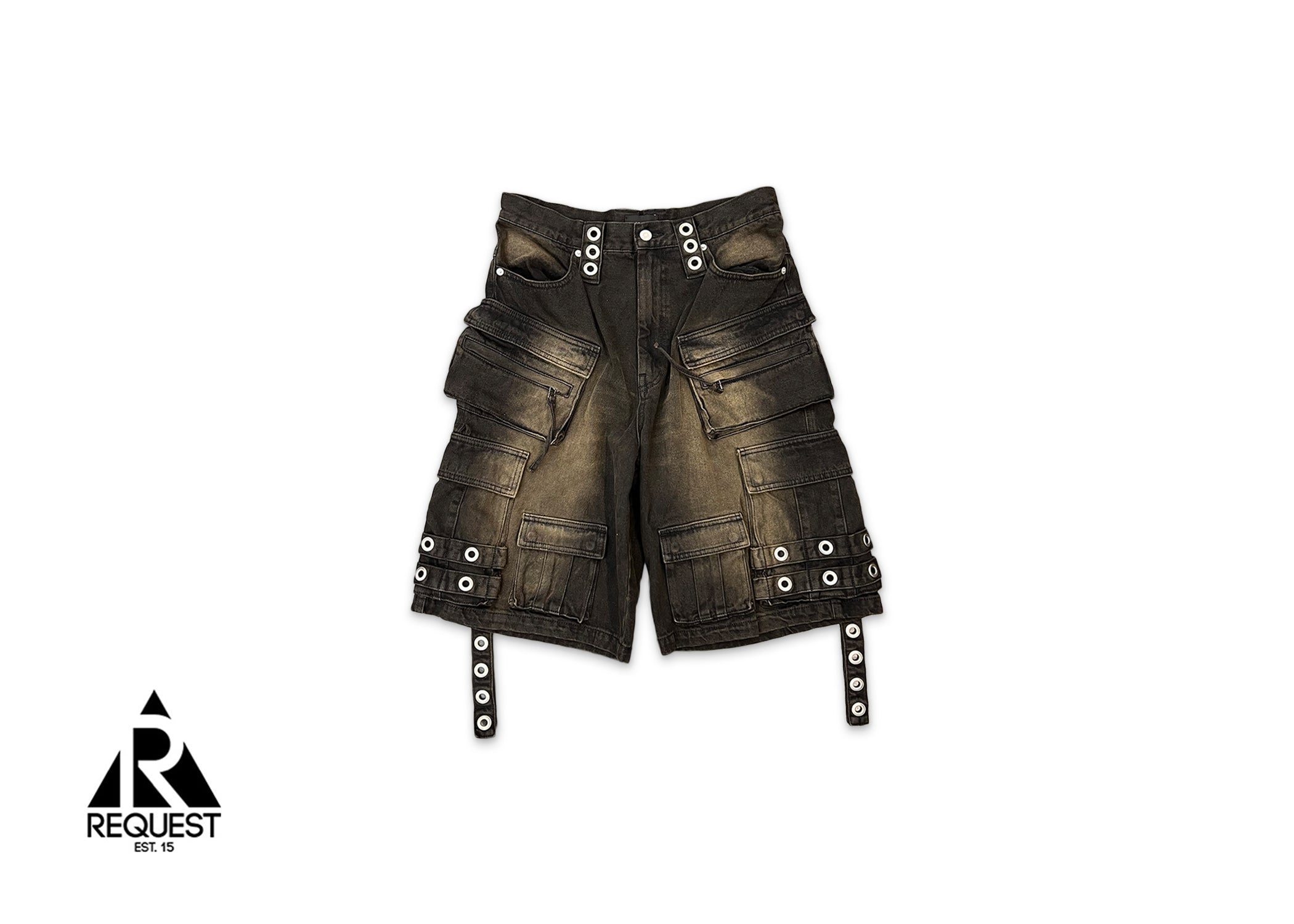 BREATH, Fade Effect Denim Cargo Shorts "Faded Black"