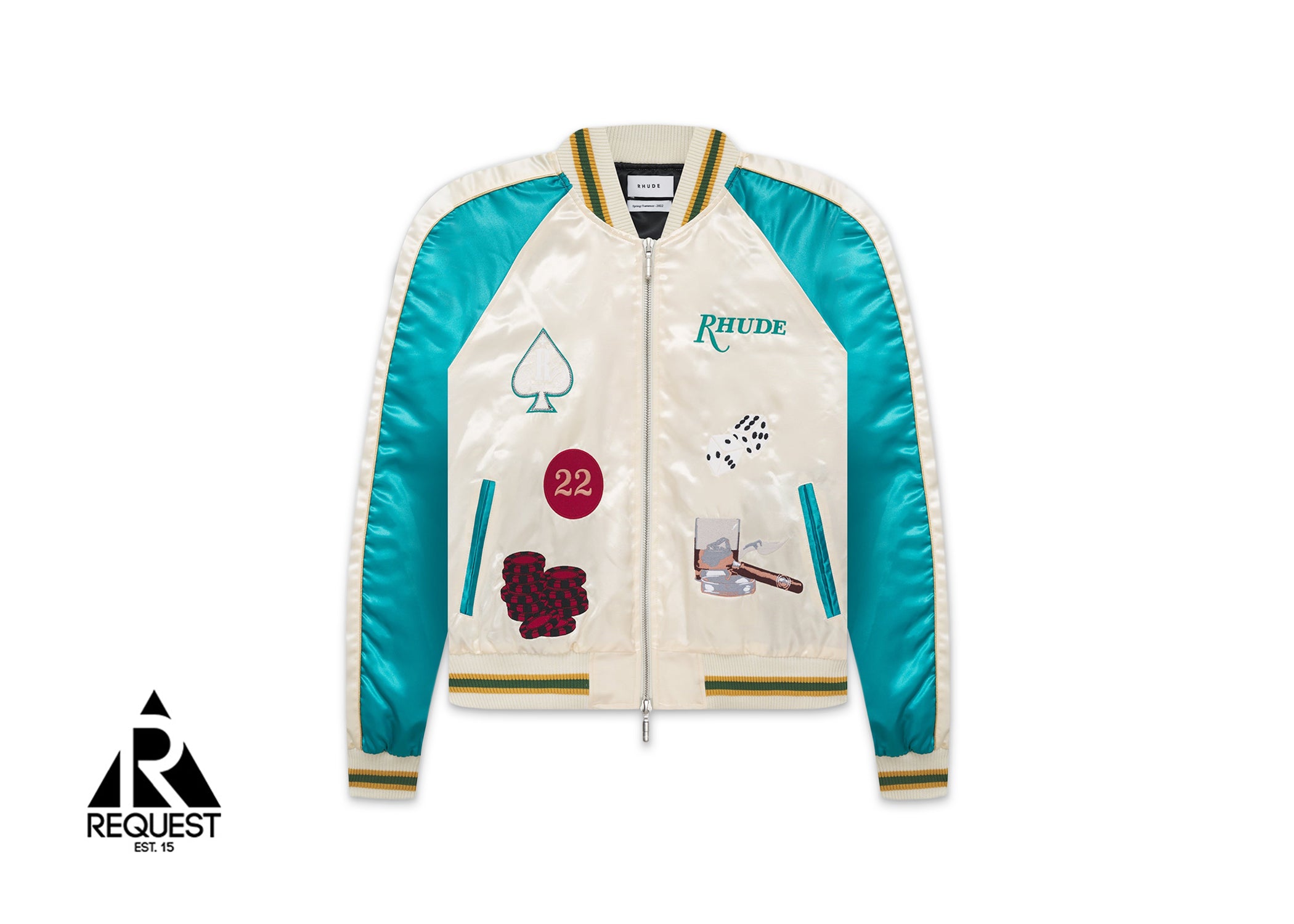 Rhude Smoking Satin Bomber Jacket "Off-White/Turquoise"