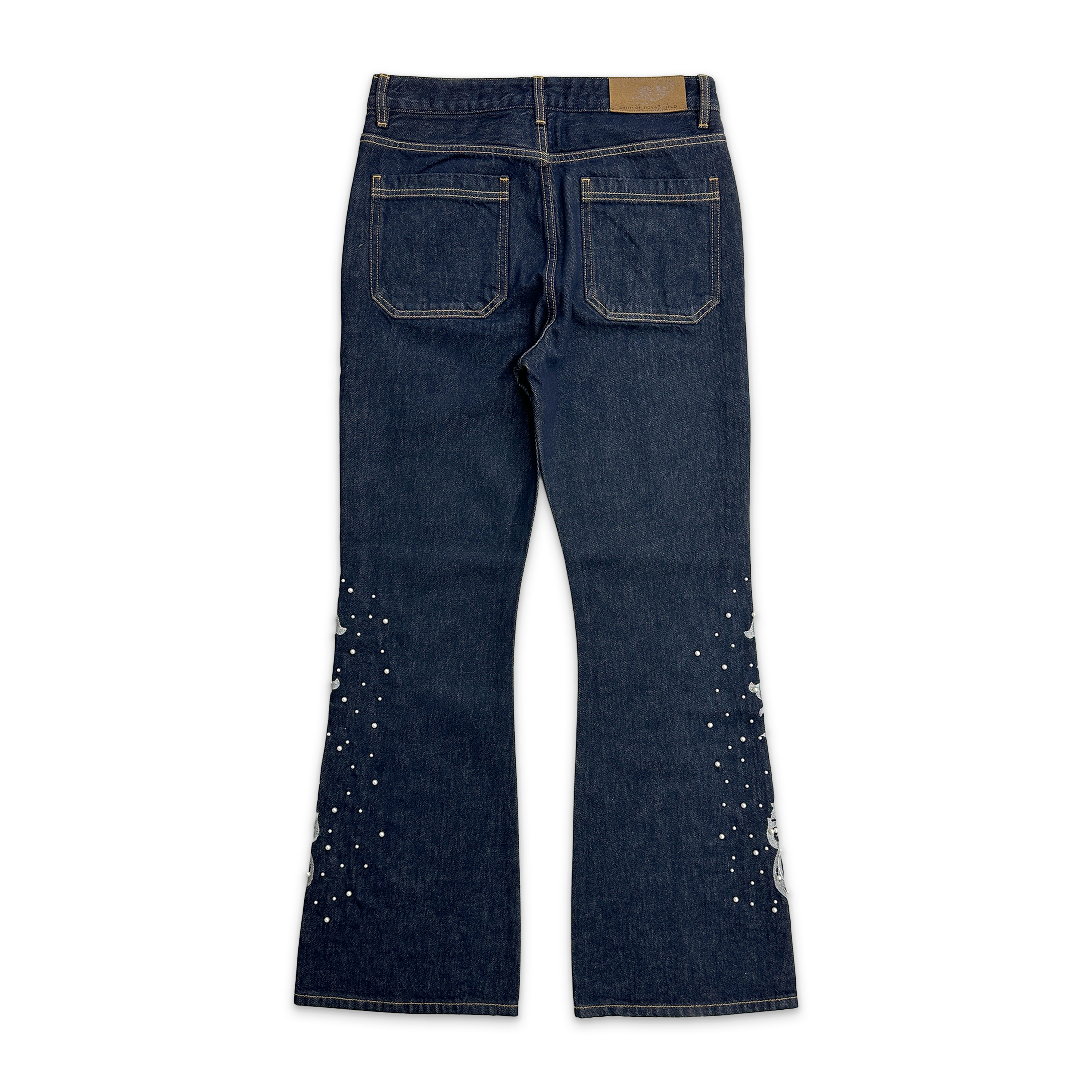Birth of Royal Child, Raw Denim Embroidered Pearl Flared Pants