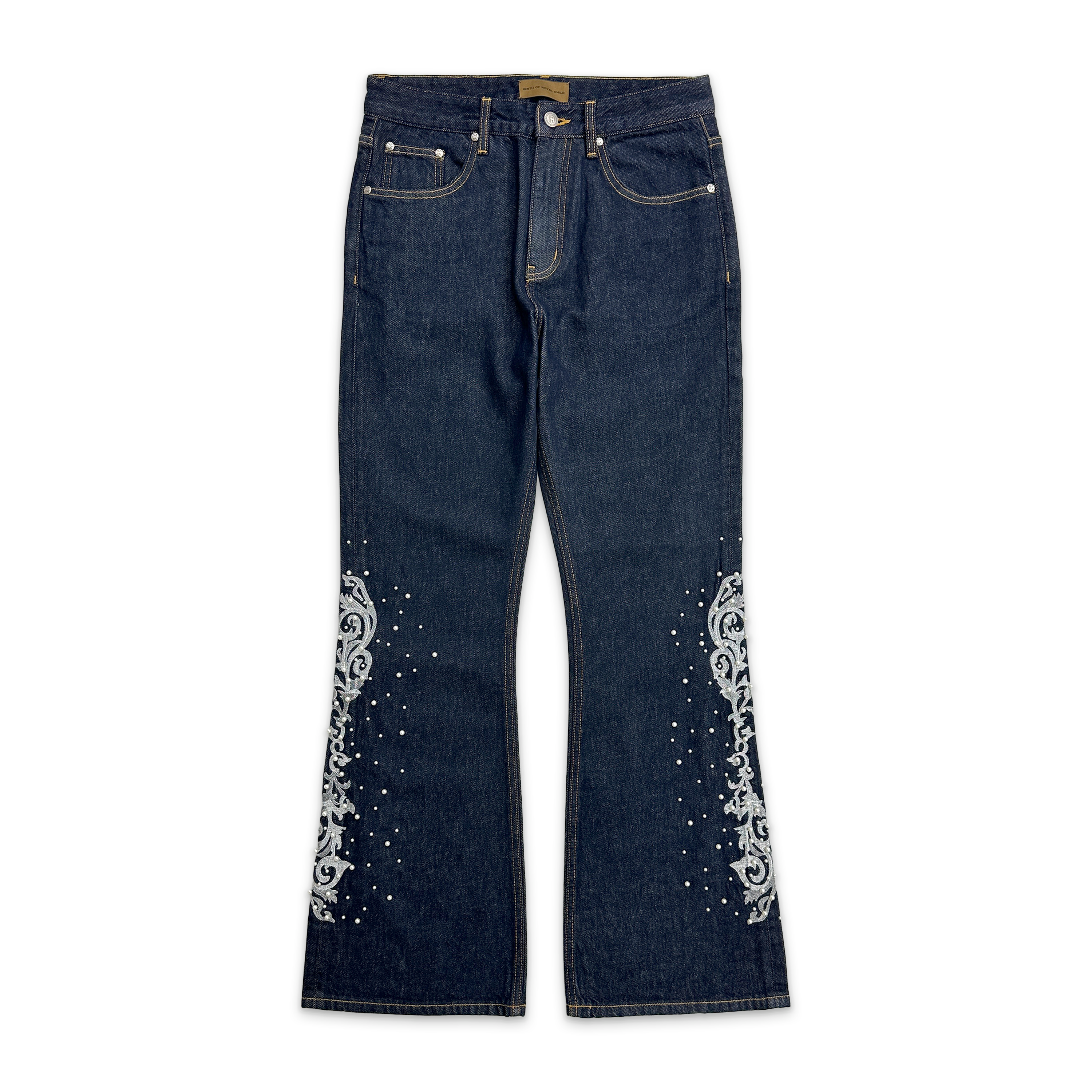 Birth of Royal Child, Raw Denim Embroidered Pearl Flared Pants