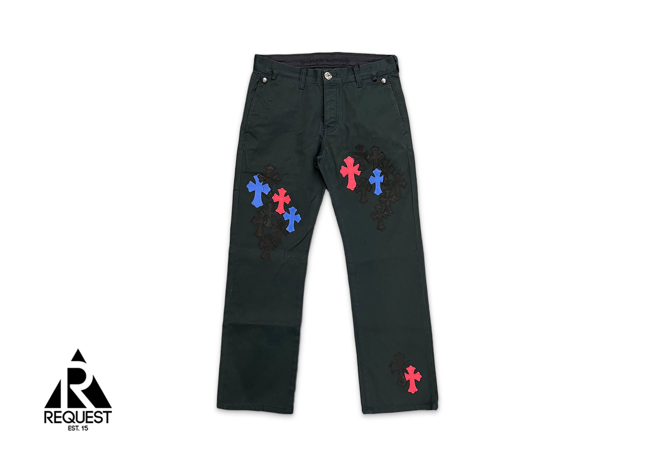 Chrome Hearts, Black Chino Pants "Blue Red Black Crosses"
