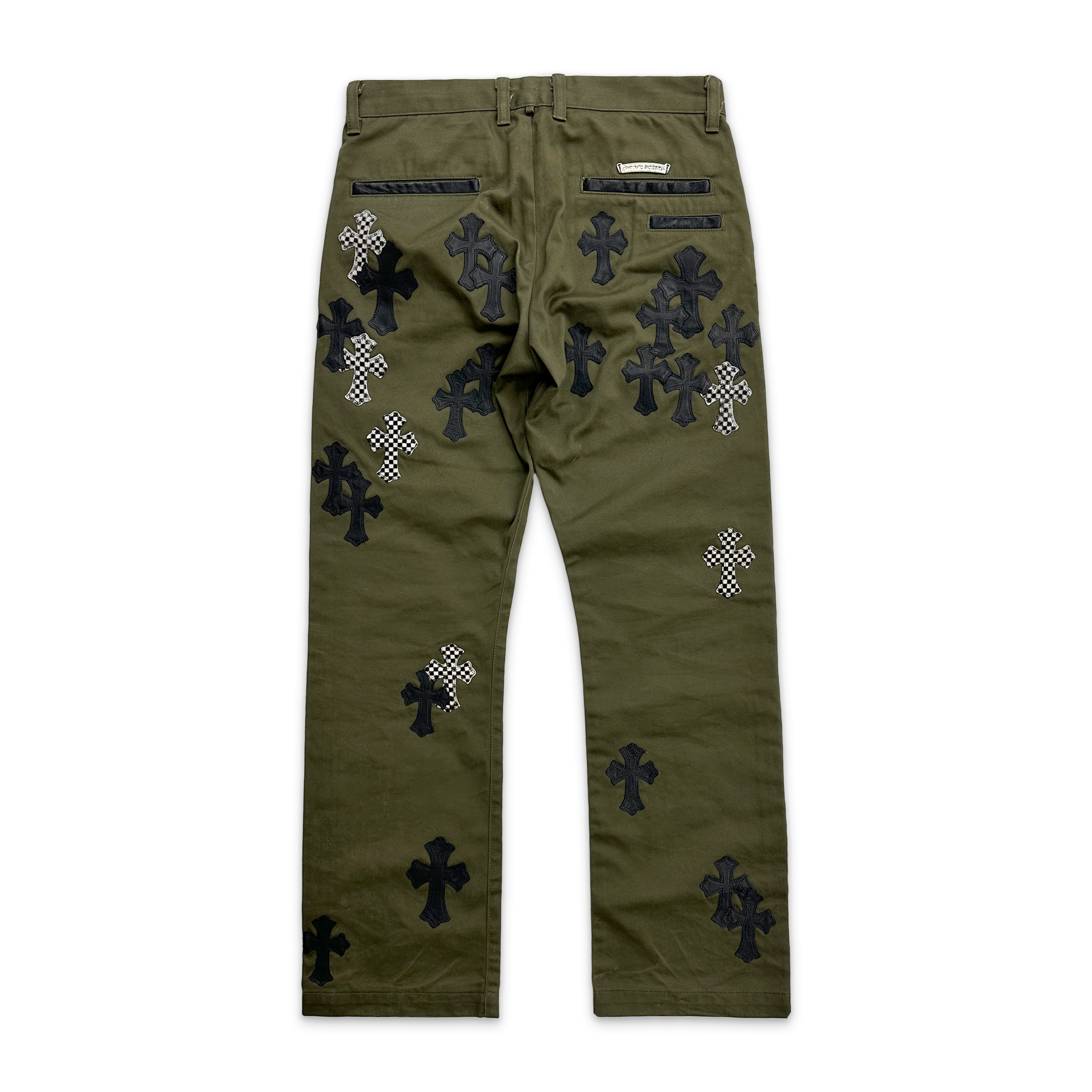 Chrome Hearts, Olive Chino Pants "Black & Checkerboard Crosses"
