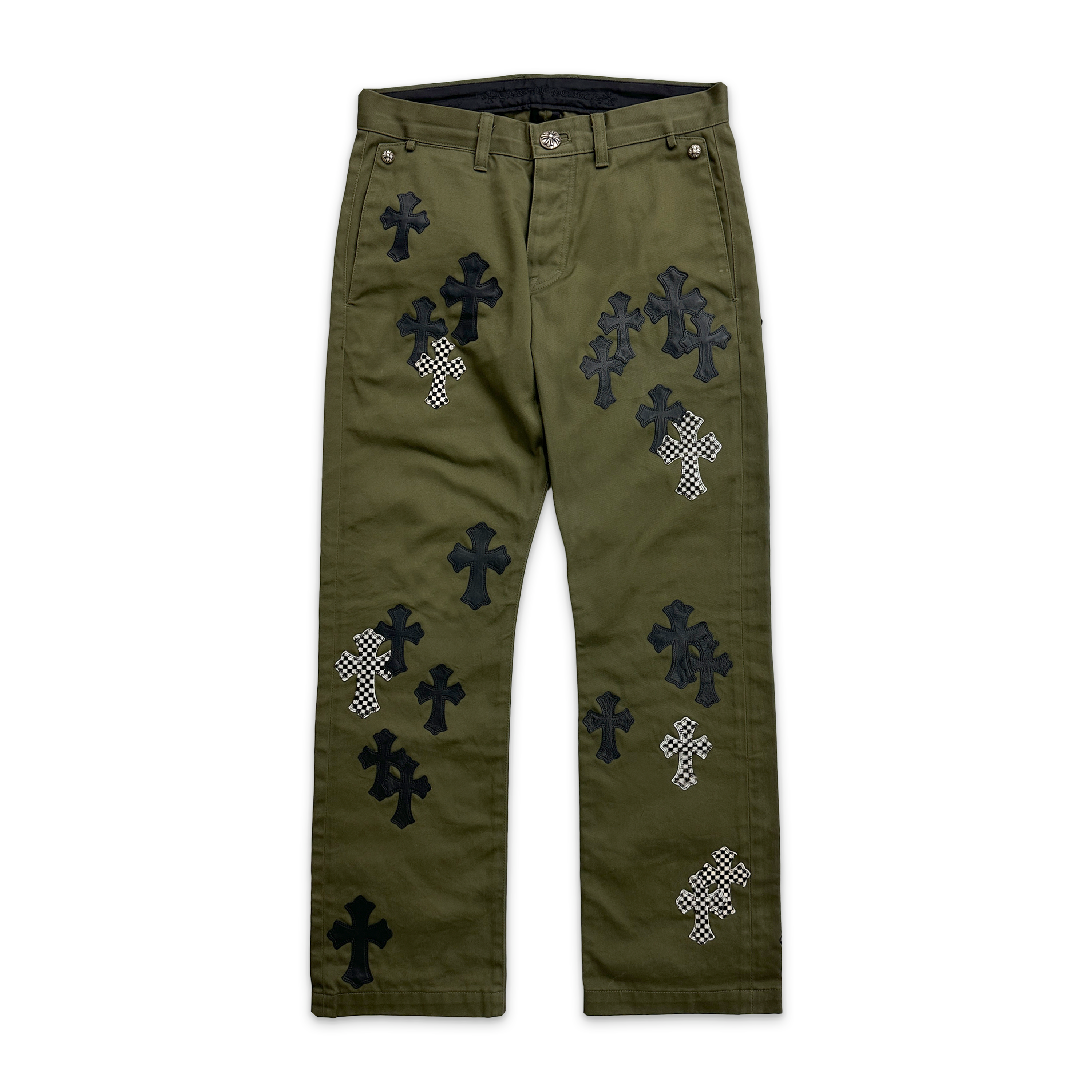 Chrome Hearts, Olive Chino Pants "Black & Checkerboard Crosses"