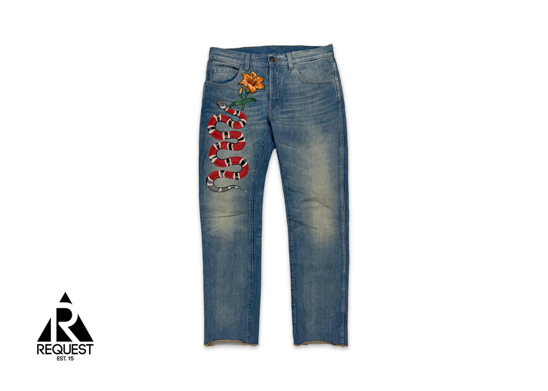 Gucci, Snake & Flower Embroidered Jeans "Blue"