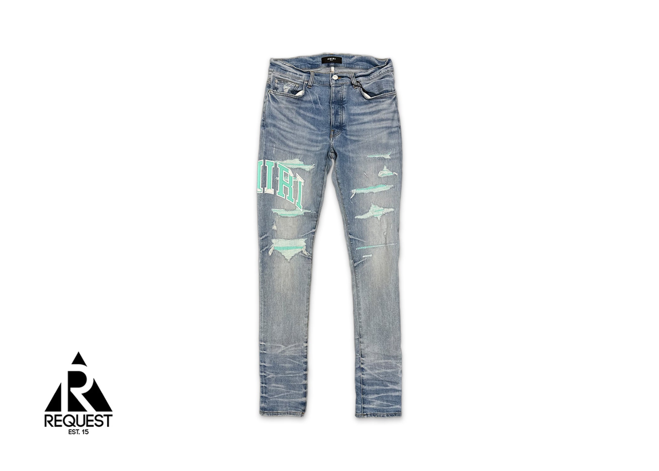 Amiri, Varsity Logo Repair Jeans "Teal Perfect Indigo"