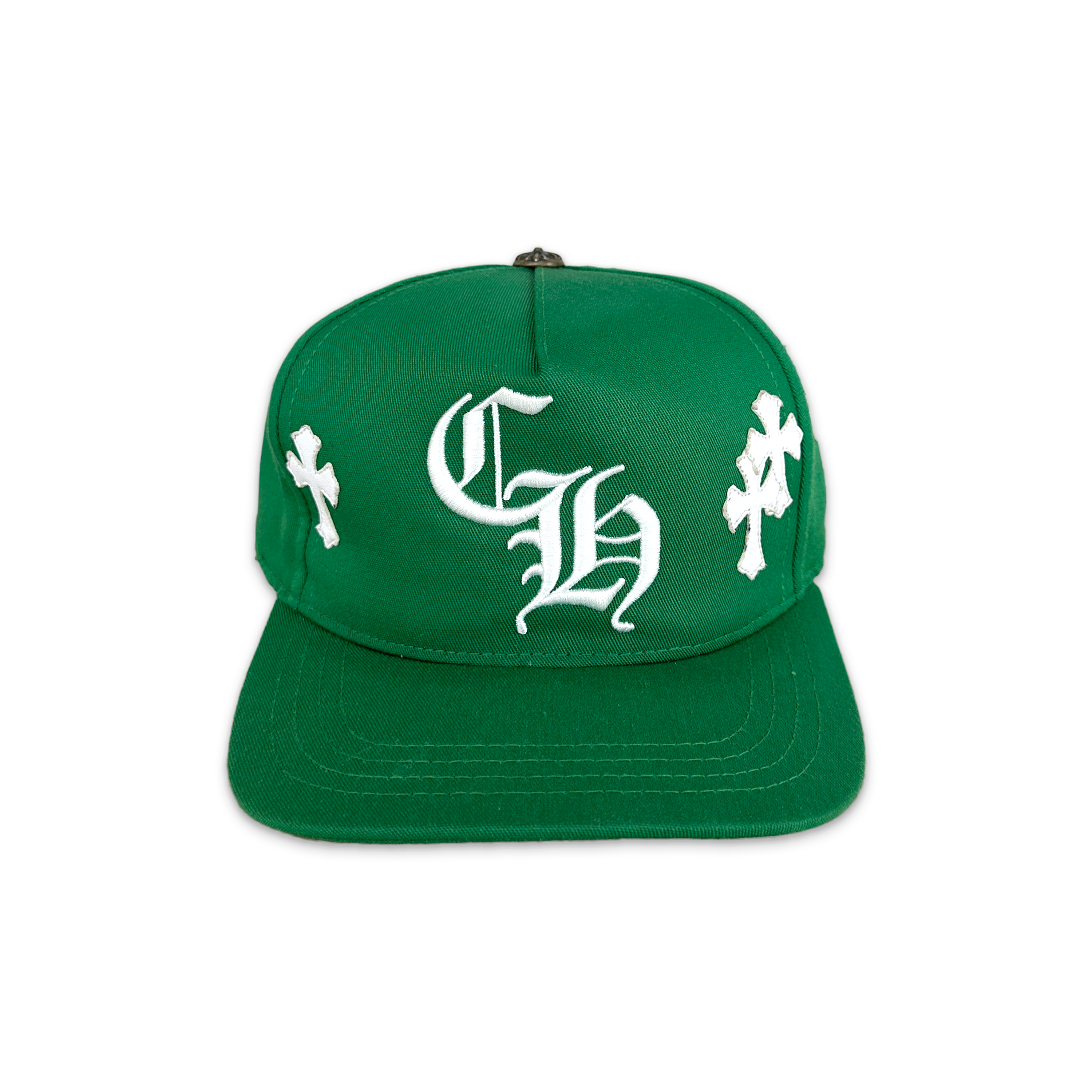 Chrome Hearts, White Leather Crosses Snapback Hat "Green"