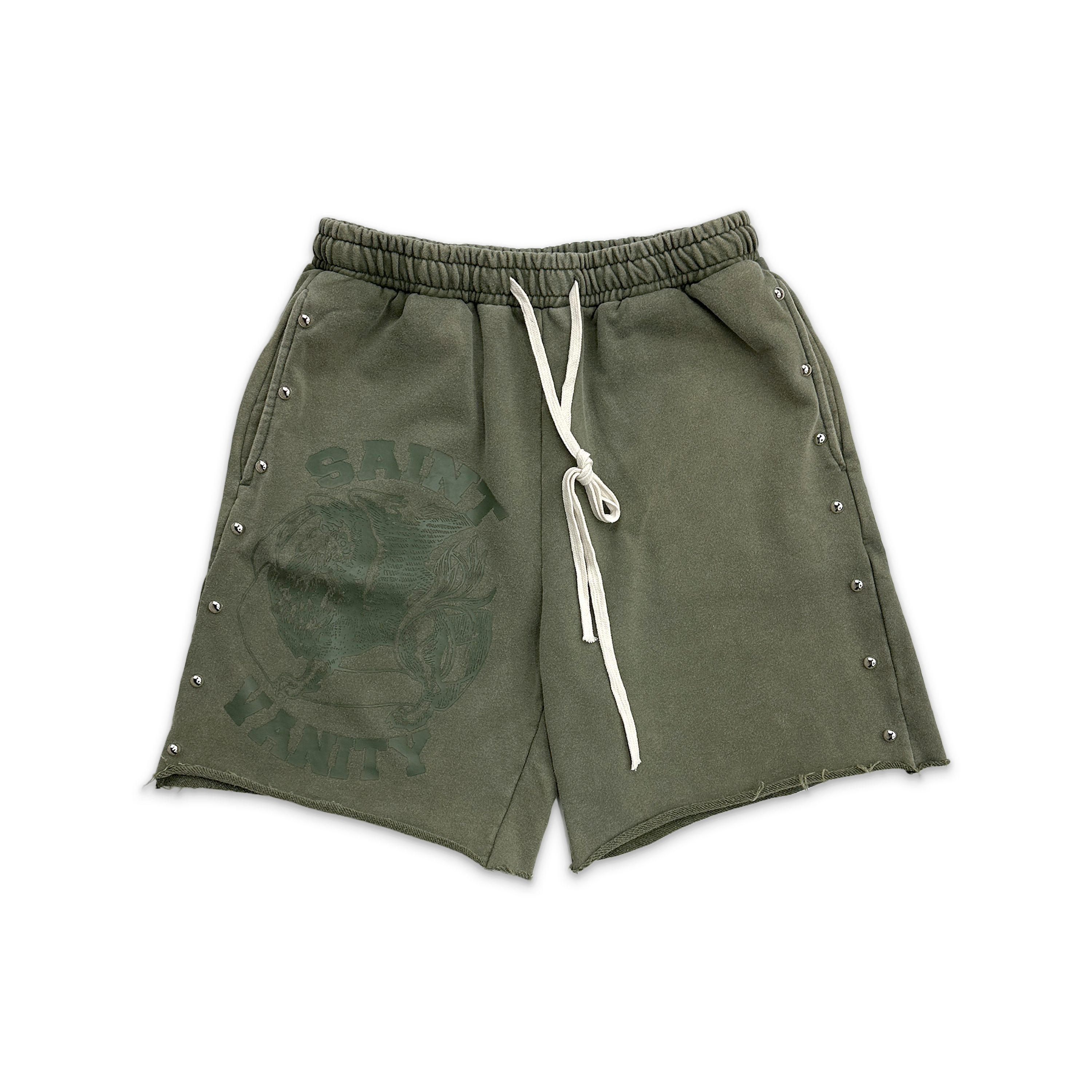Saint Vanity, Terry Studded Logo Shorts "Olive"