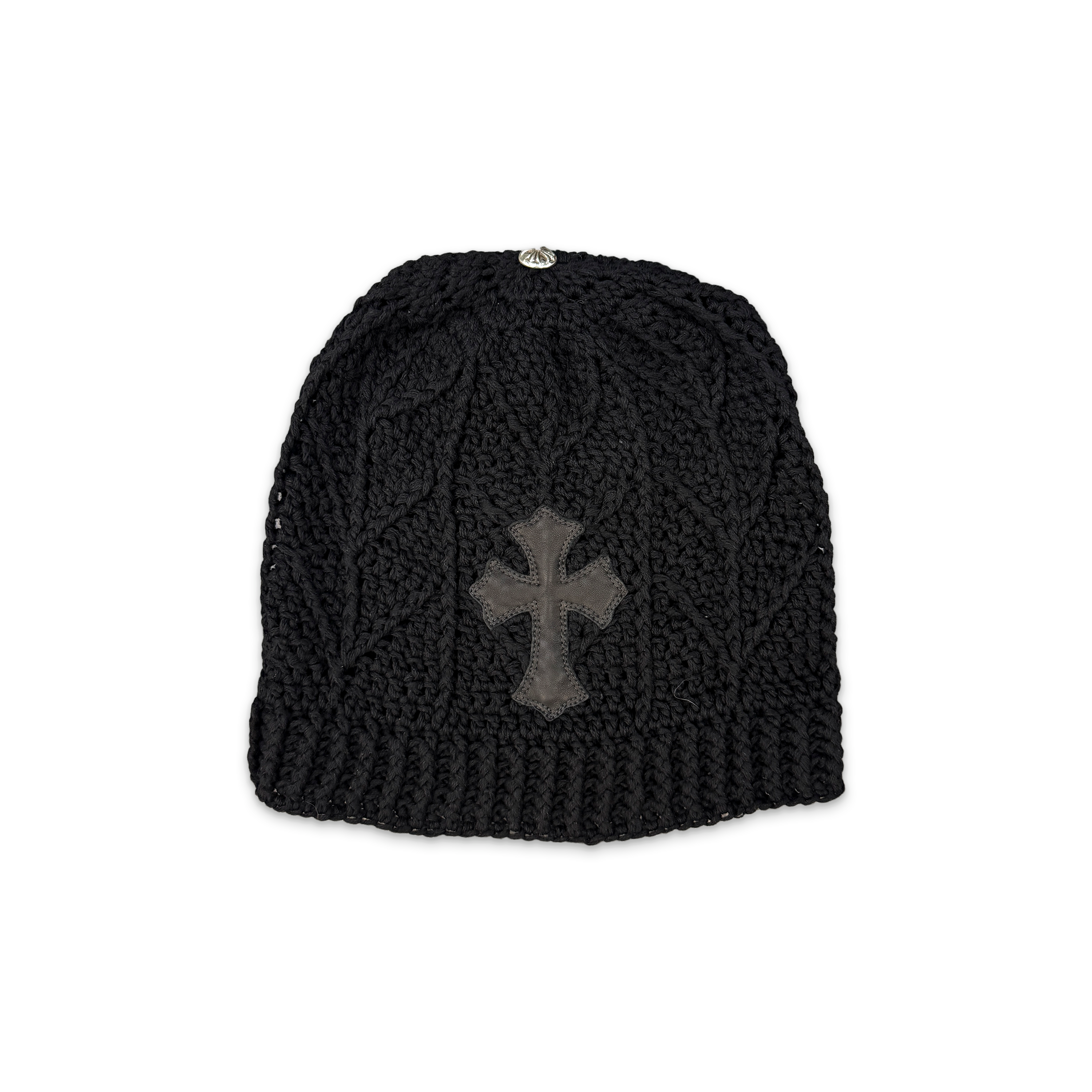 Knitted Cashmere Leather Cross Beanie "Black"