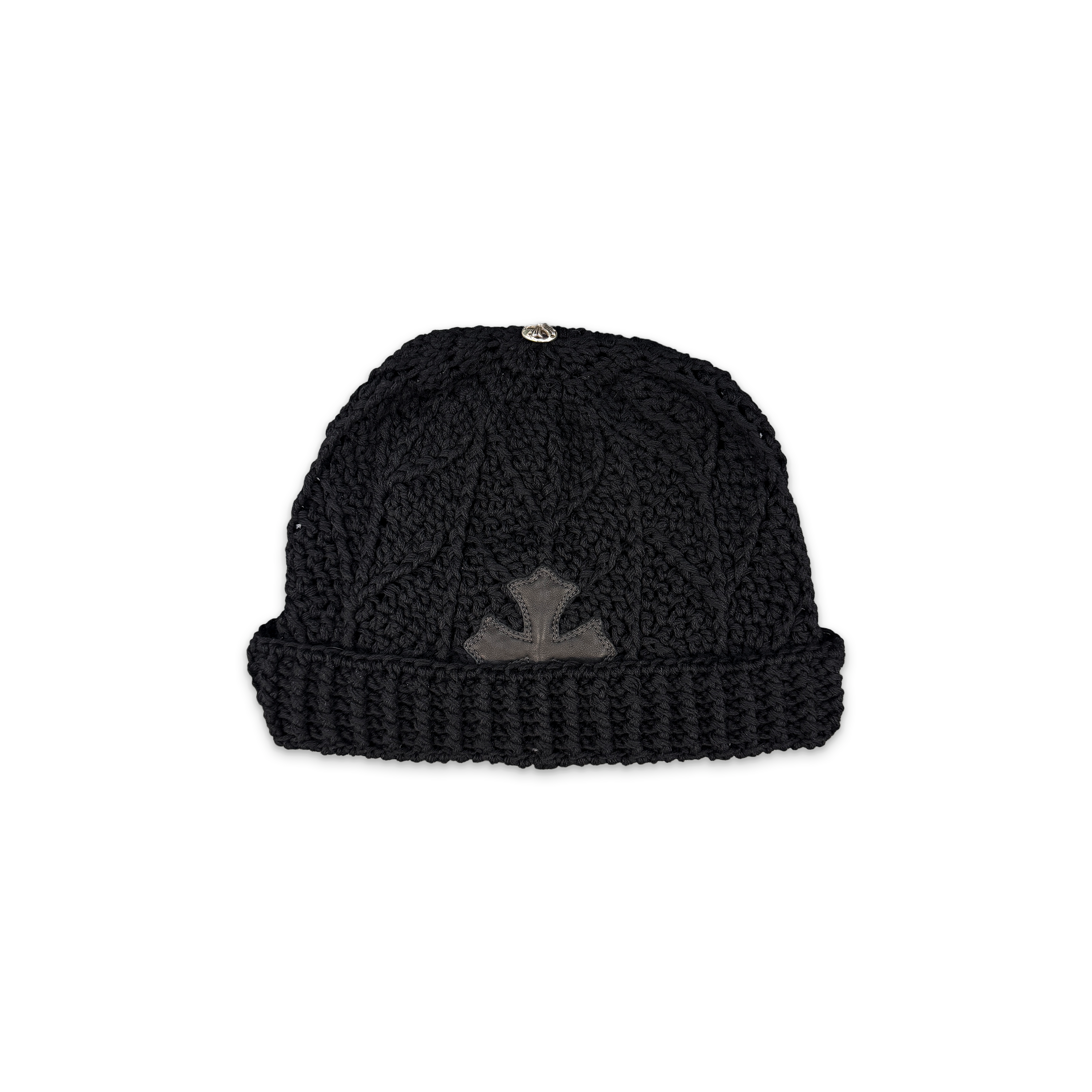 Knitted Cashmere Leather Cross Beanie "Black"