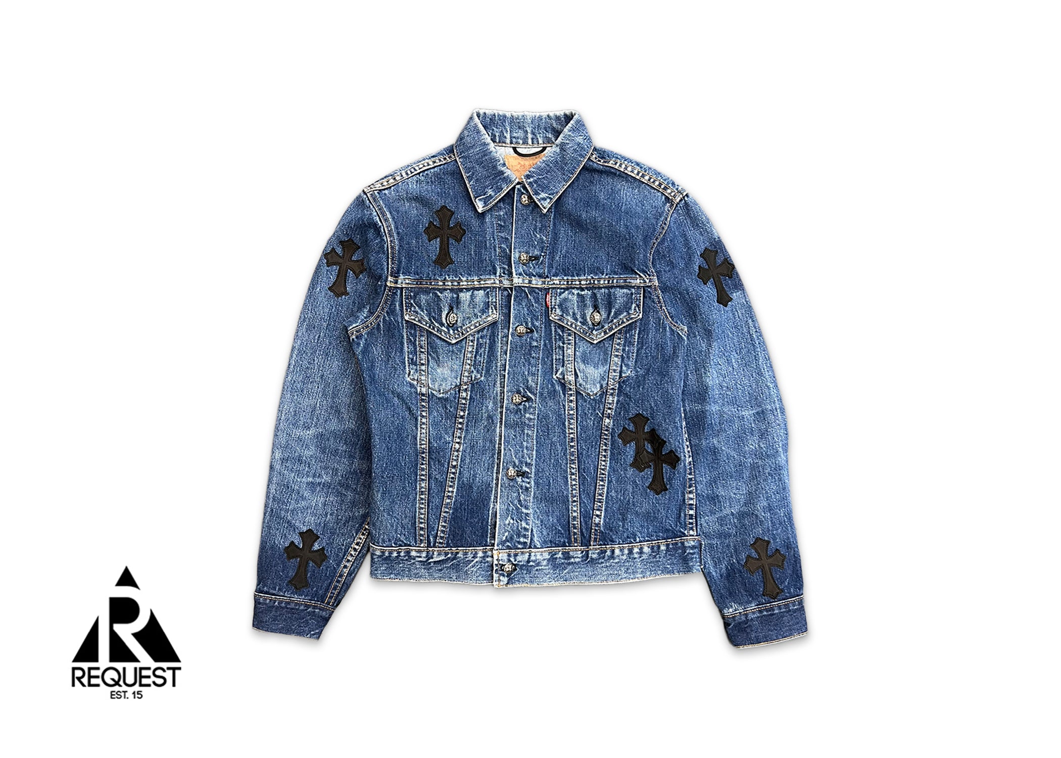 Chrome Hearts, Button Up Levi’s Denim Jacket Medium Wash Black Crosses