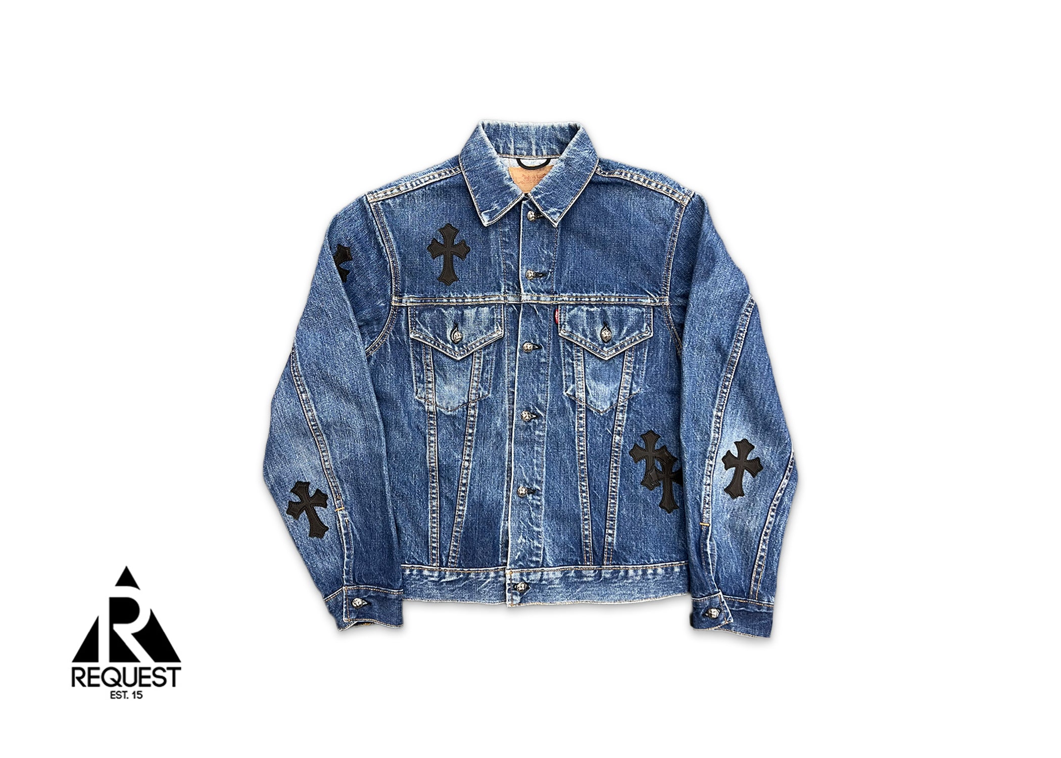 Chrome Hearts, Button Up Levi’s Denim Jacket Medium Wash Black Crosses