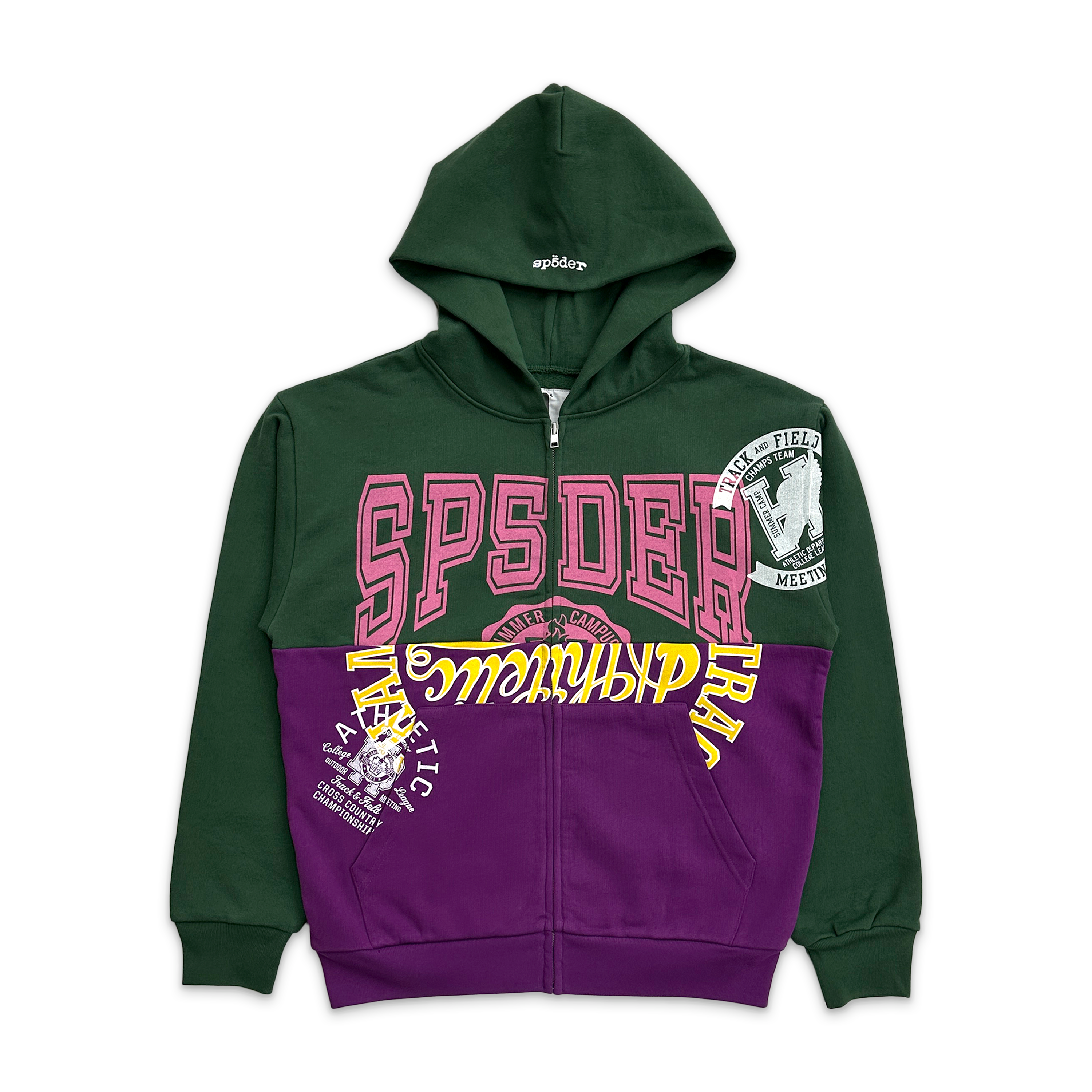 Sp5der, Track & Field Collage Zip Up Hoodie "Green"