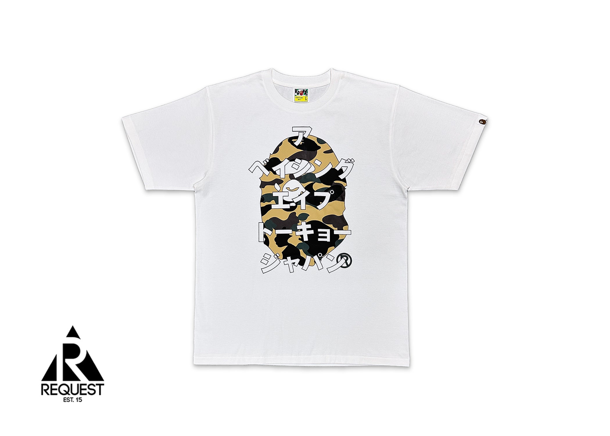 A Bathing Ape (BAPE), Yellow 1st Camo Ape Head Japanese Text Tee "White"
