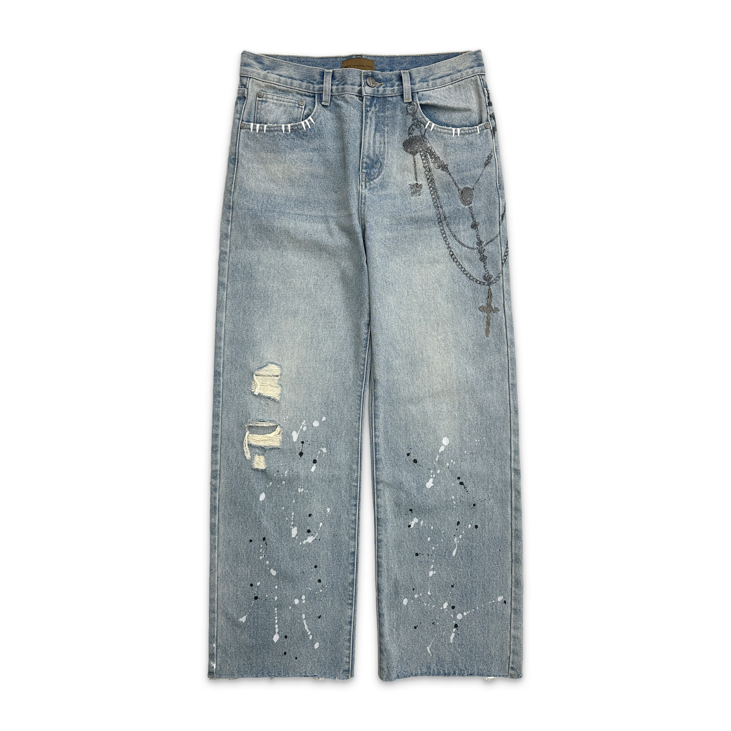 Birth of Royal Child, Chain Ink Print Detailed Patch Jeans "Light Wash"