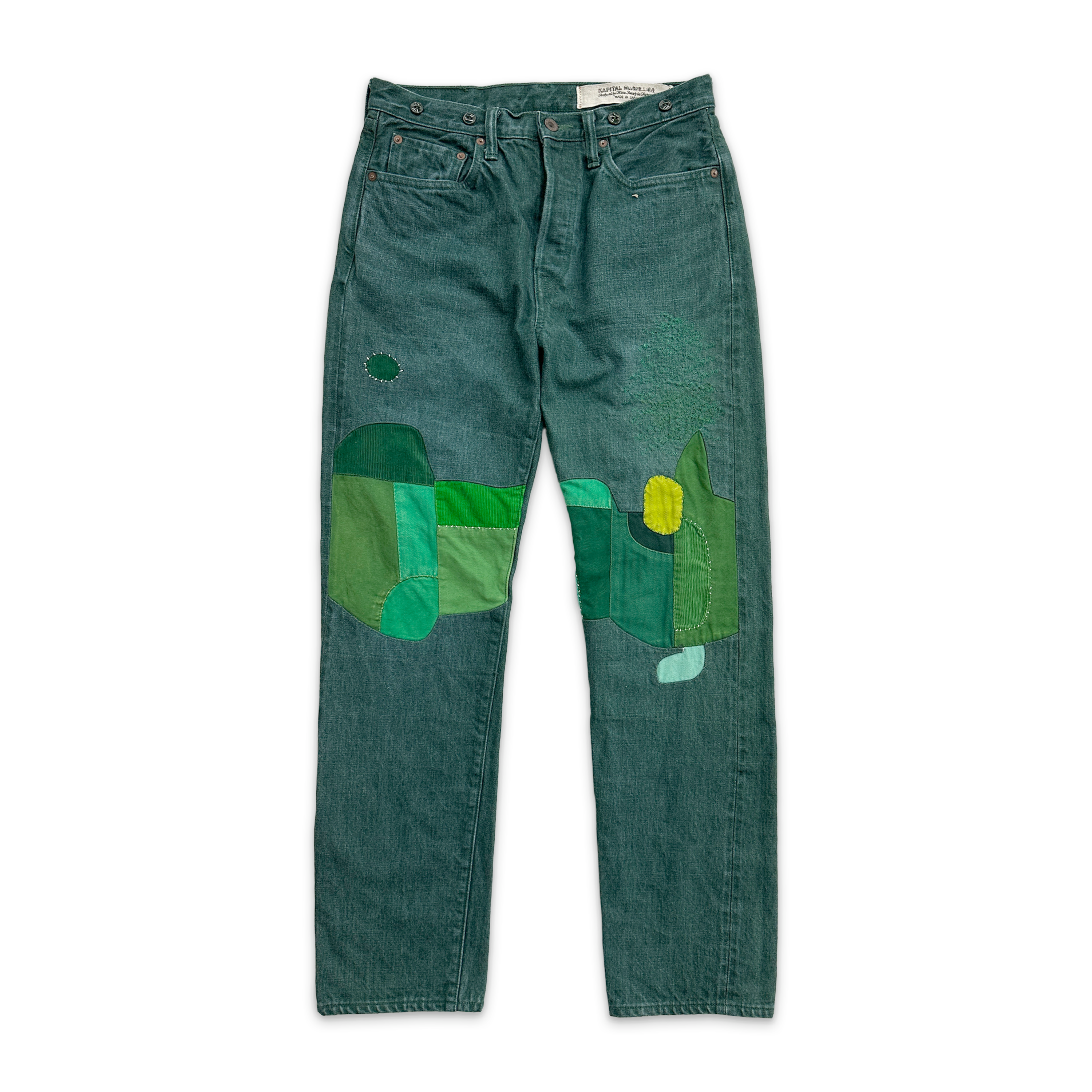 Kapital, Straight-Leg Patchwork Distressed Jeans "Green"