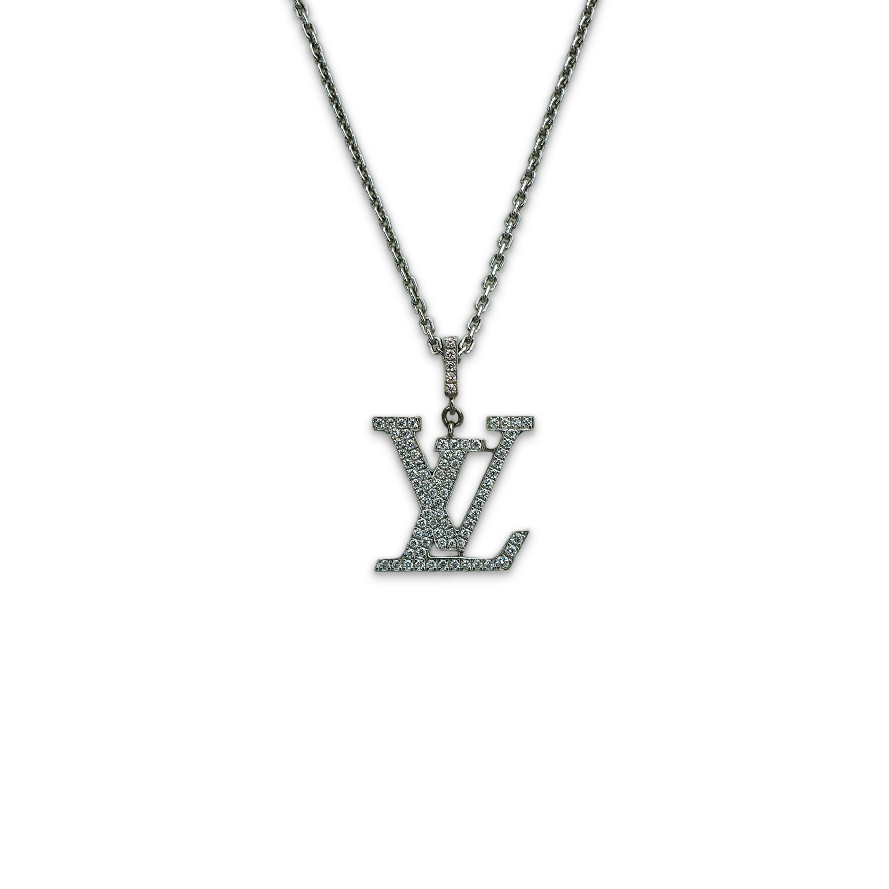 Louis Vuitton, Medium LV Diamond Pendant White Gold Necklace
