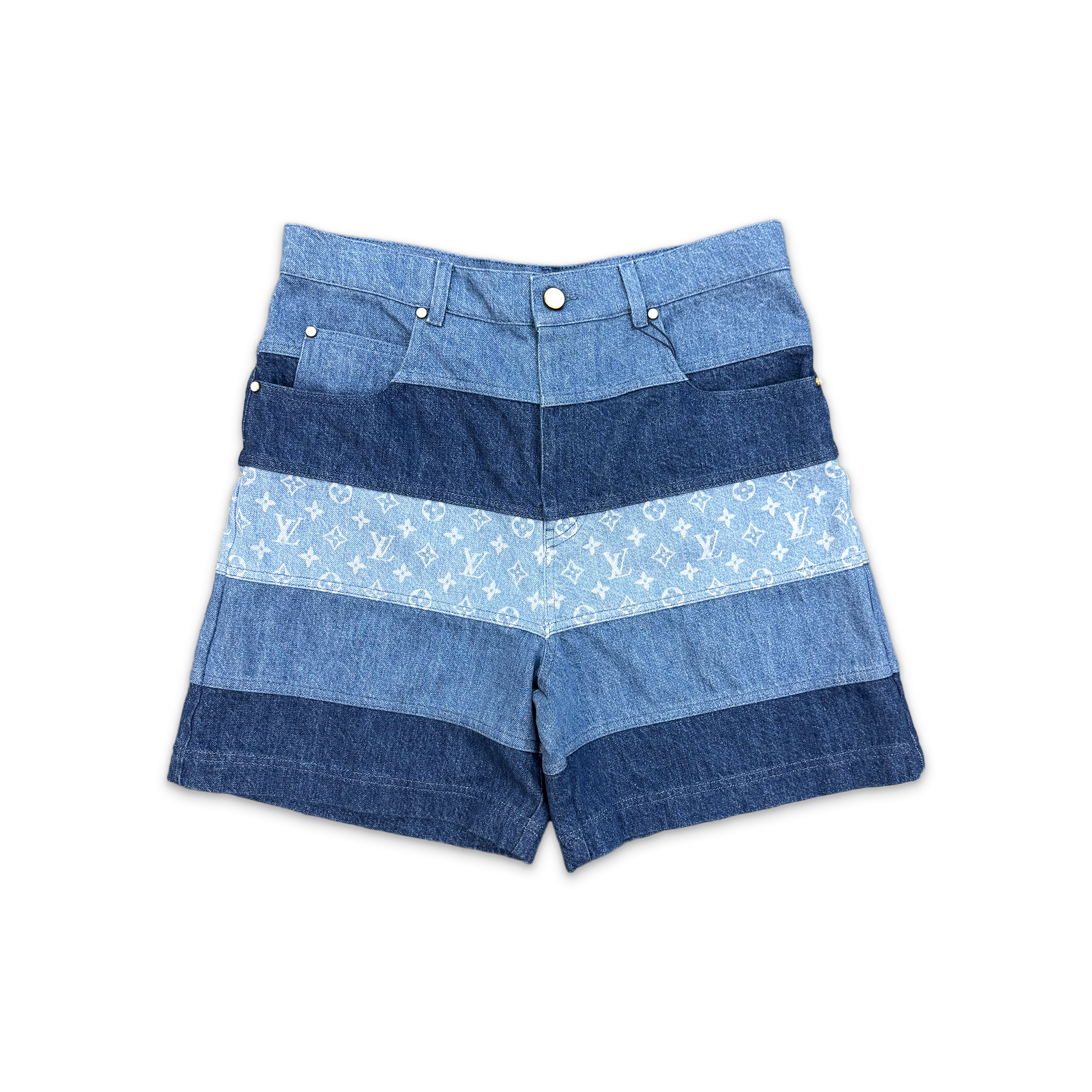 Louis Vuitton, Monogram Striped Patchwork Denim Shorts "Indigo Blue"