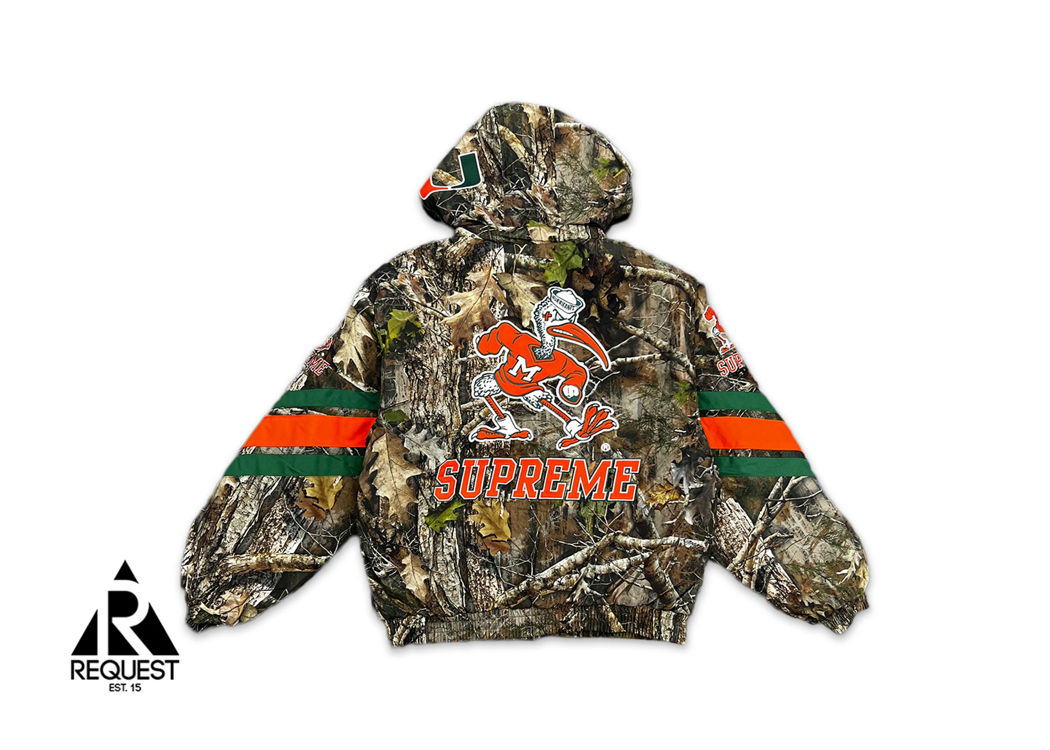 Supreme, Mitchell & Ness NCAA Hooded Stadium Jacket "Miami Camo"