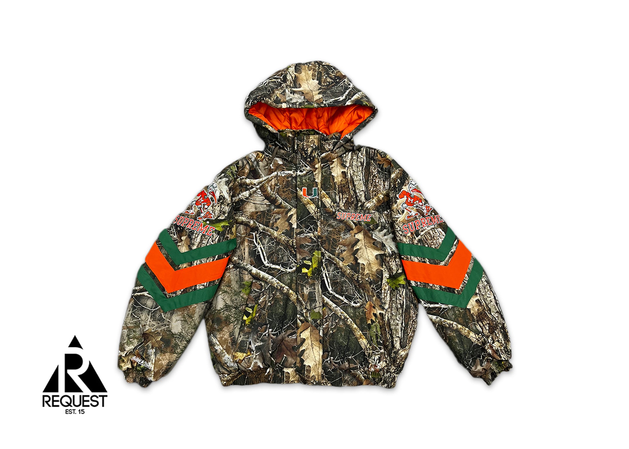 Supreme, Mitchell & Ness NCAA Hooded Stadium Jacket "Miami Camo"