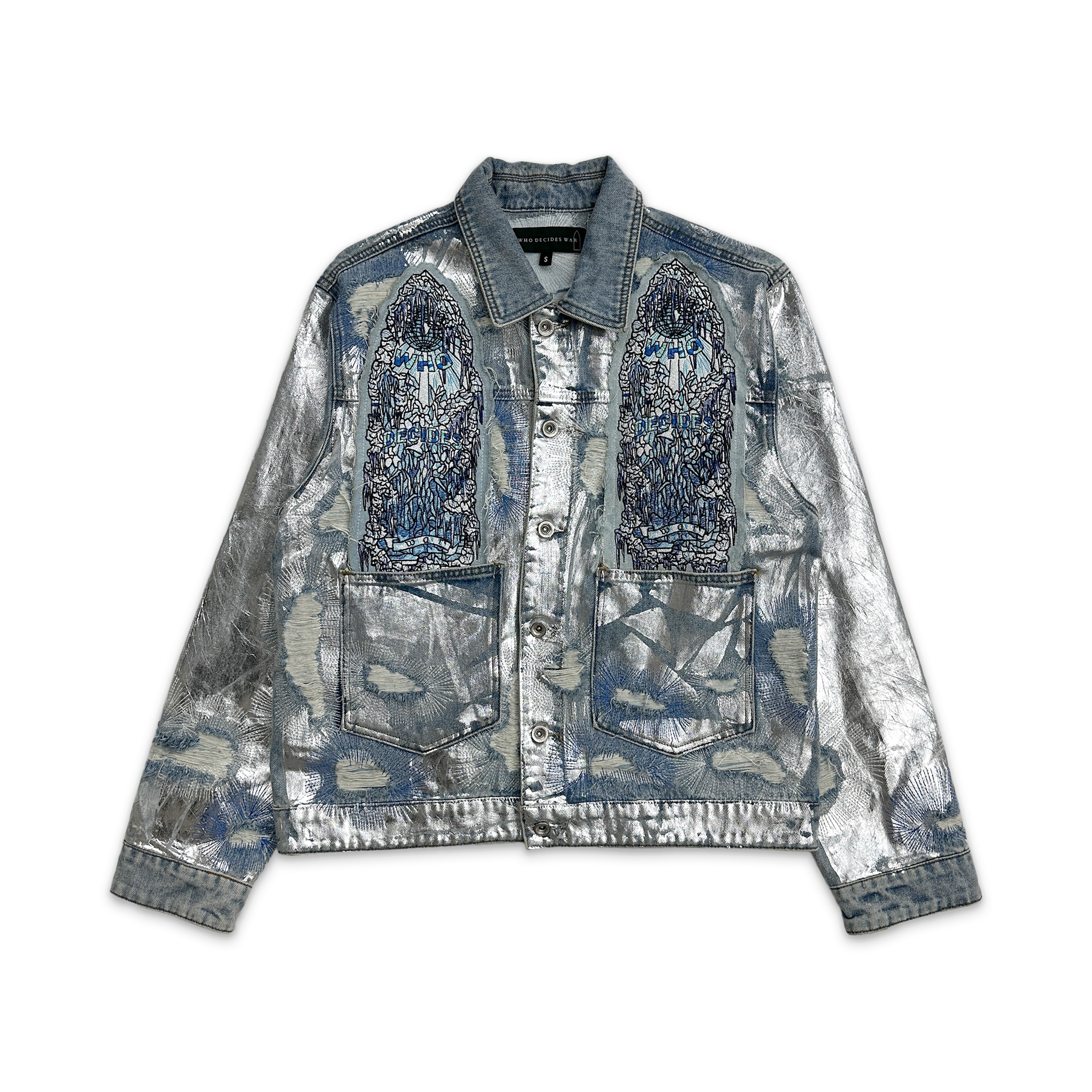 Who Decides War, Heavy Metal Denim Trucker Jacket "Sky/Silver"