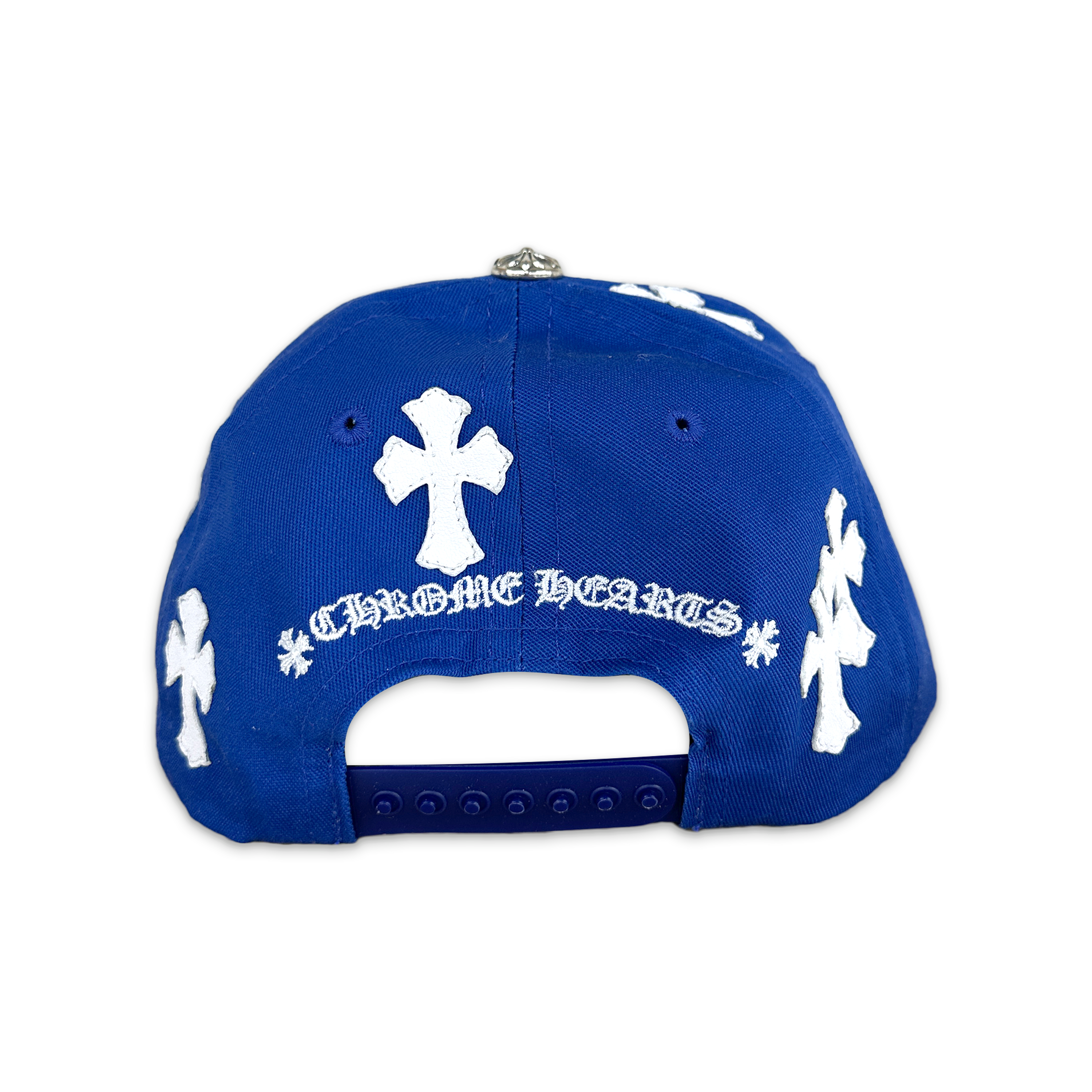 Chrome Hearts, White Leather Crosses Baseball Snapback "Royal Blue"