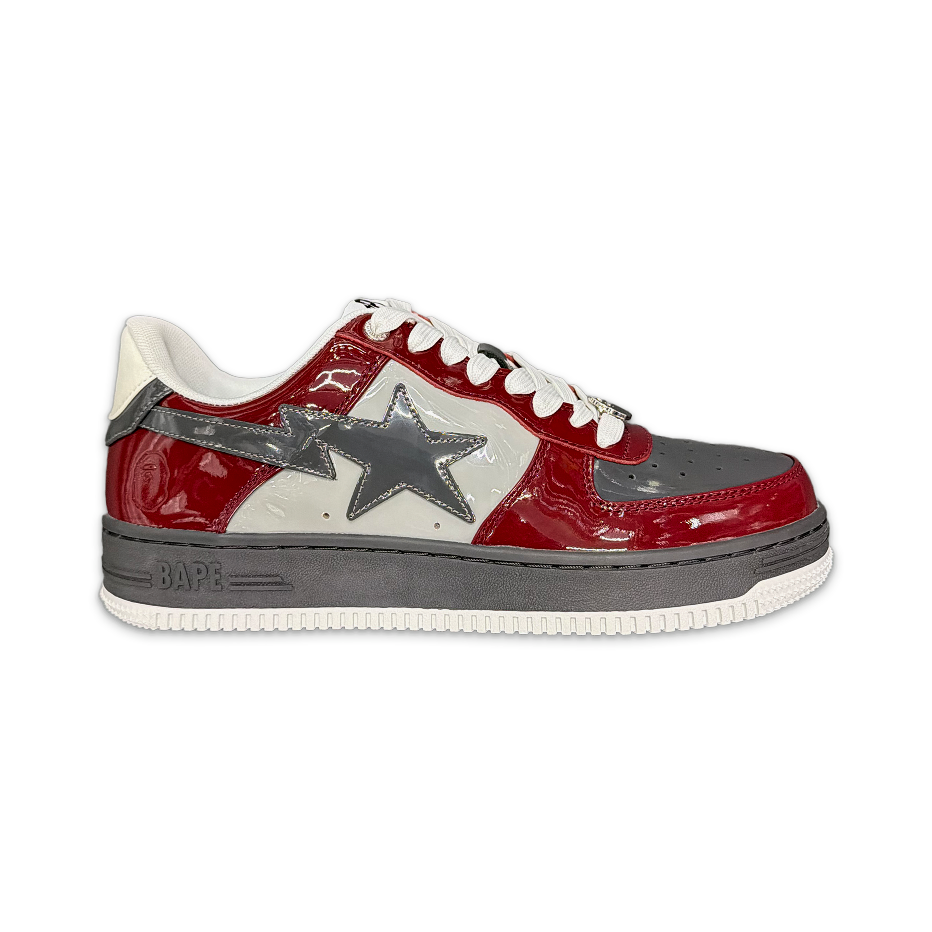 A Bathing Ape (BAPE), Bapesta Low Patent Leather “Nostalgic Burgundy Grey"