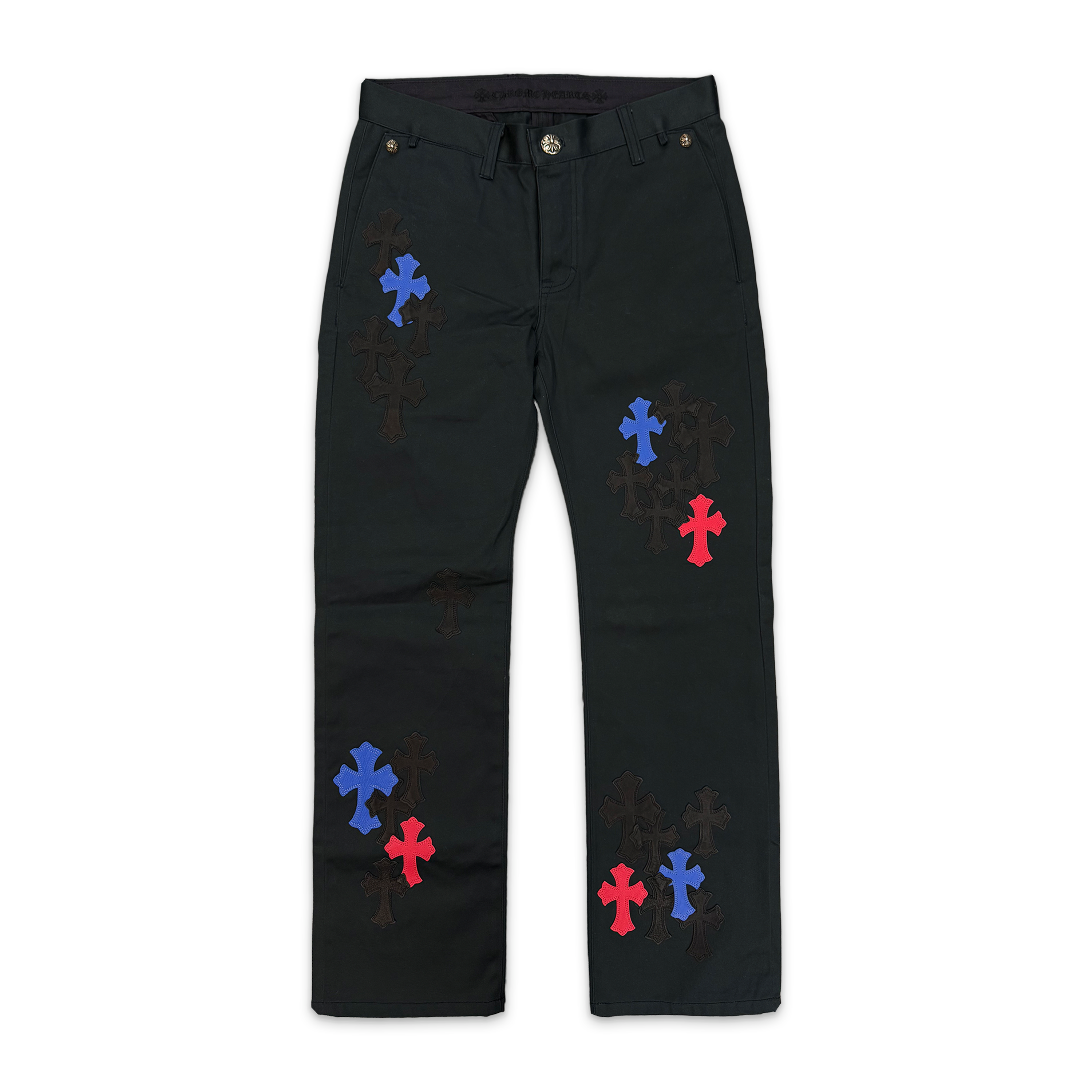 Chrome Hearts, Black Chino Pants "Blue Red Black Crosses"