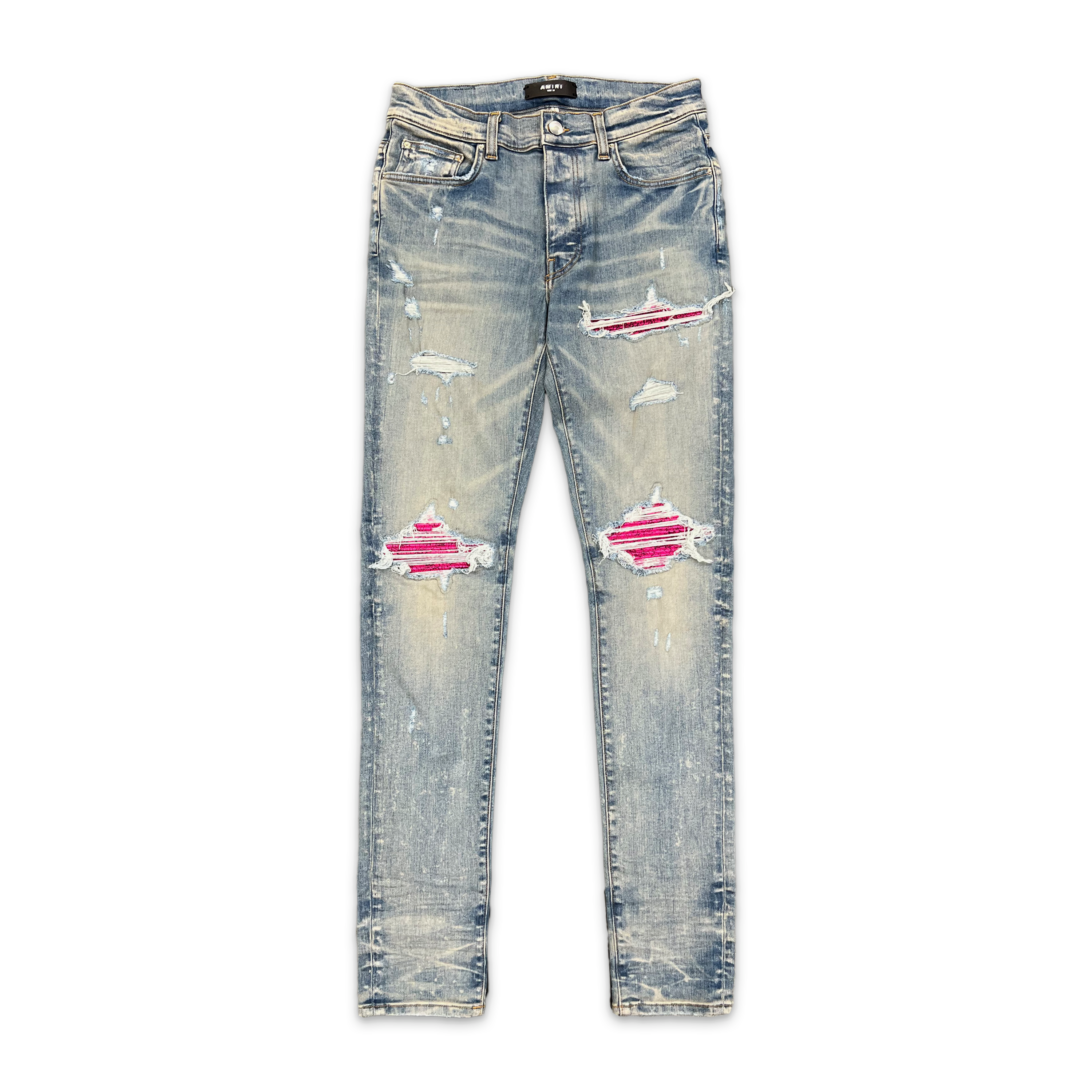 Amiri, MX1 Cracked Pink Leather Jeans “Clay Indigo"